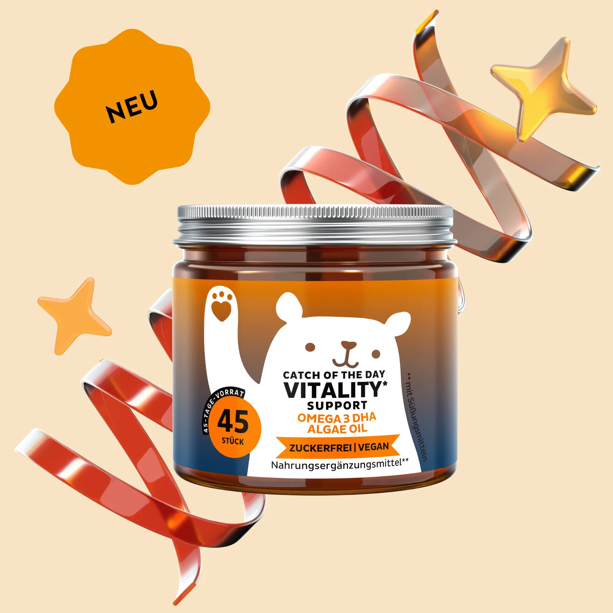 Bild der Dose mit 45 Stück der Catch Of The Day Vitality Support Vitamin-Gummibärchen von Bears with Benefits, entwickelt zur Unterstützung von Energie und Immunsystem.