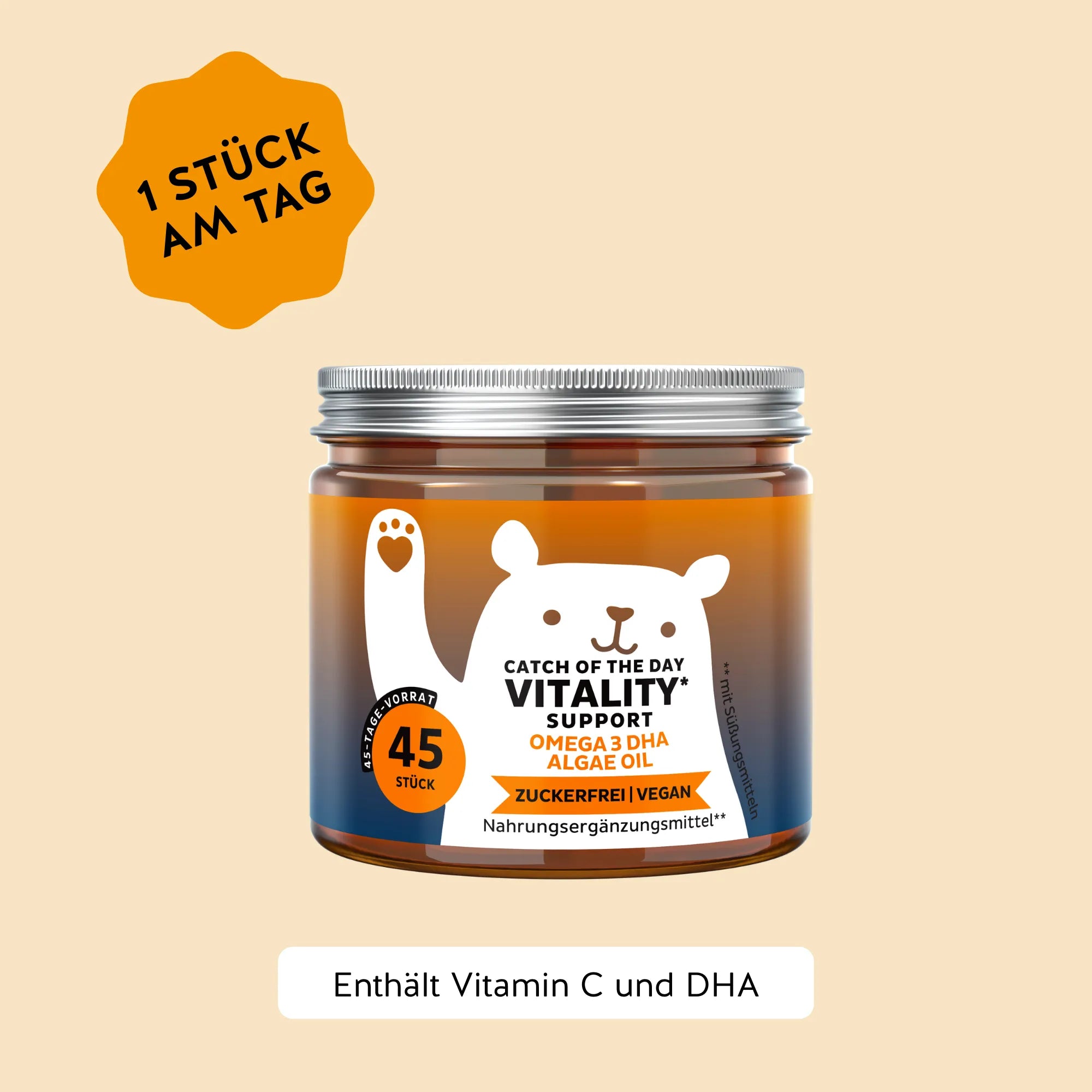Bears with Benefits Catch Of The Day Vitality Support – Vegane Omega-3 DHA Gummibärchen aus Mikroalgenöl für Gehirnfunktion & Immunsystem, 50 mg DHA plus Vitamin C 20 mg und Vitamin E 1,8 mg α-TE pro Bärchen, 45 Stück, neue Formel, zuckerfrei, vegan