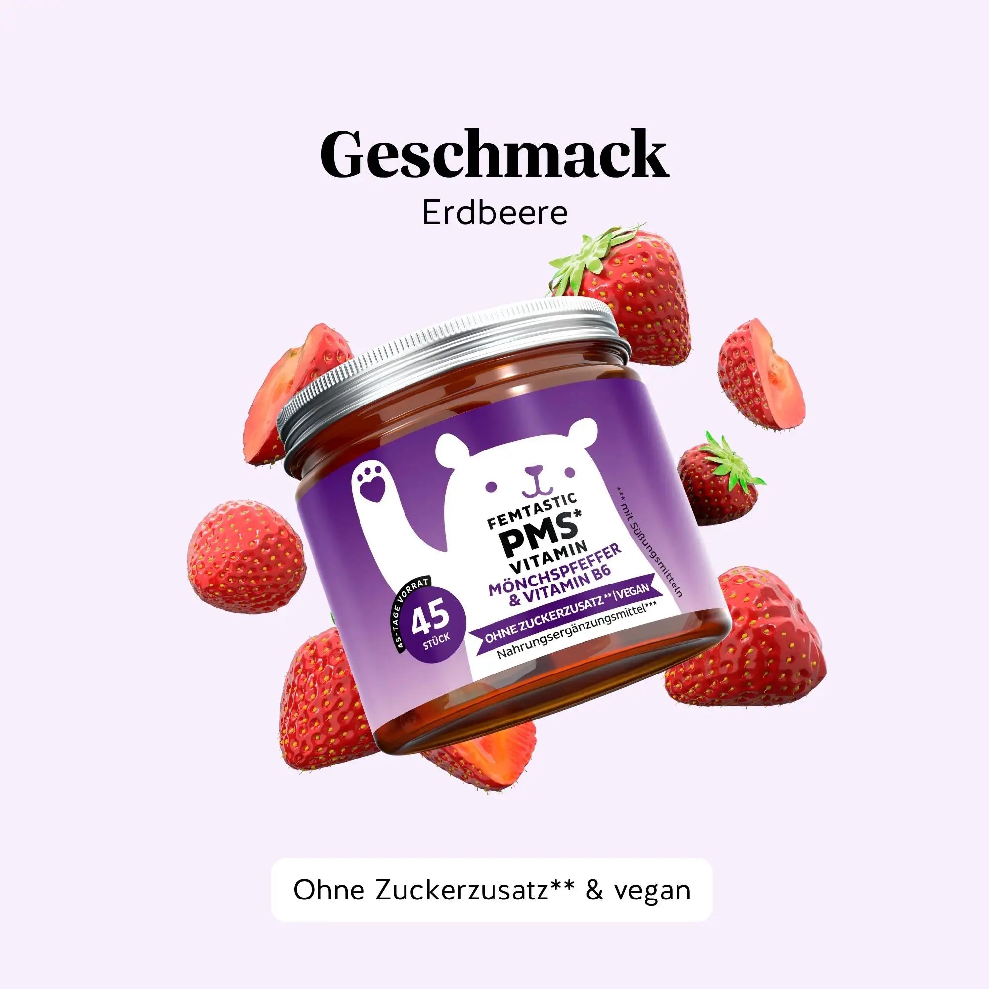 Natürlicher Erdbeergeschmack der Femtastic PMS Gummibärchen von Bears with Benefits, angenehm und leicht einzunehmen. Dose mit 45 Stück.