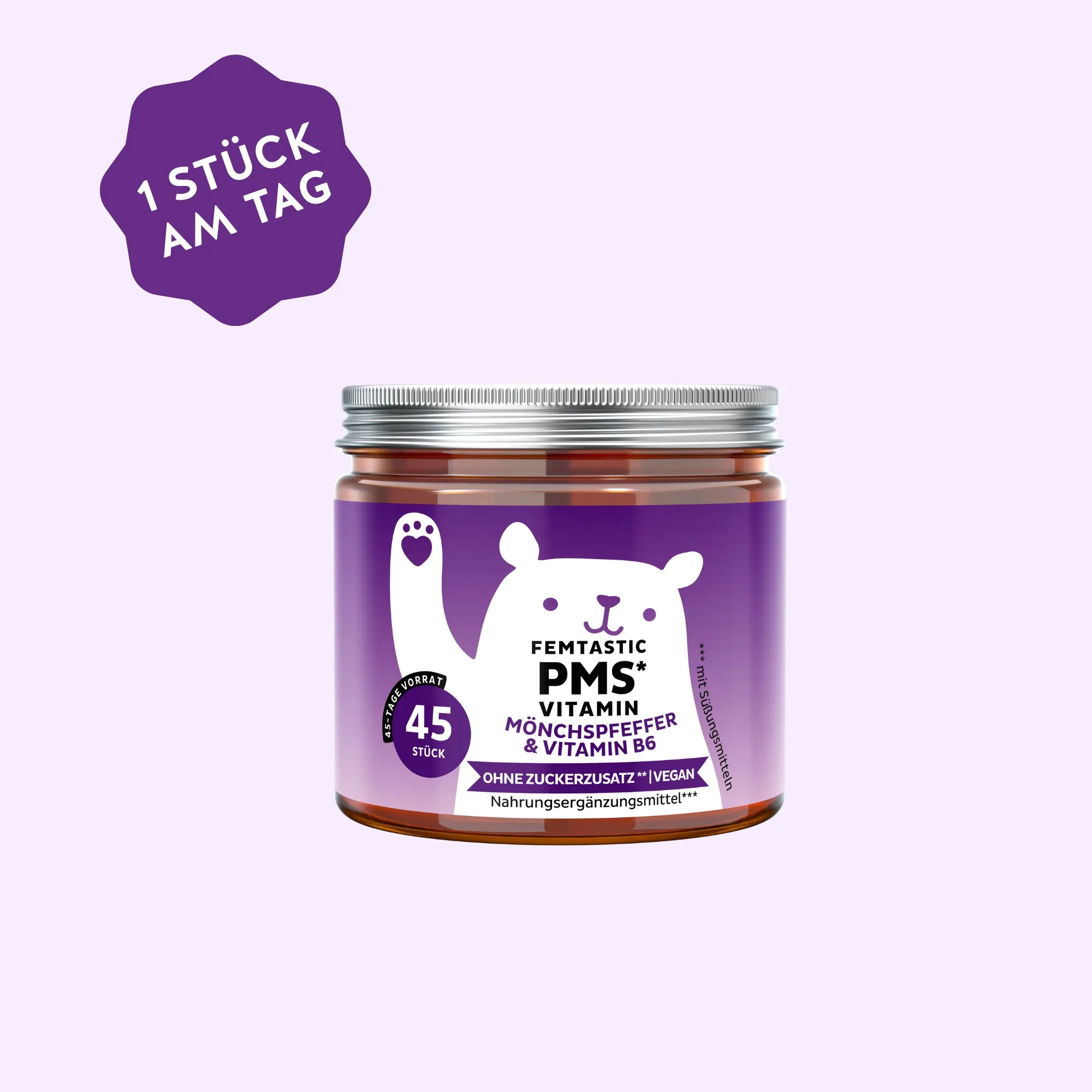 Bears with Benefits FEMTASTIC PMS Vitamin – Vegane PMS Gummibärchen mit Mönchspfeffer Extrakt & Vitamin B6 zur Regulierung der Hormontätigkeit (Deutschland), 45 Stück, 45-Tage Vorrat, ohne Zuckerzusatz** | vegan; Glas-Text: “FEMTASTIC PMS* VITAMIN”, “MÖNCHSPFEFFER & VITAMIN B6”, “OHNE ZUCKERZUSATZ** | VEGAN”, “Nahrungsergänzungsmittel***”, Badge: “45-TAGE VORRAT 45 STÜCK”, Seitenhinweis: “* mit Süßungsmitteln”.