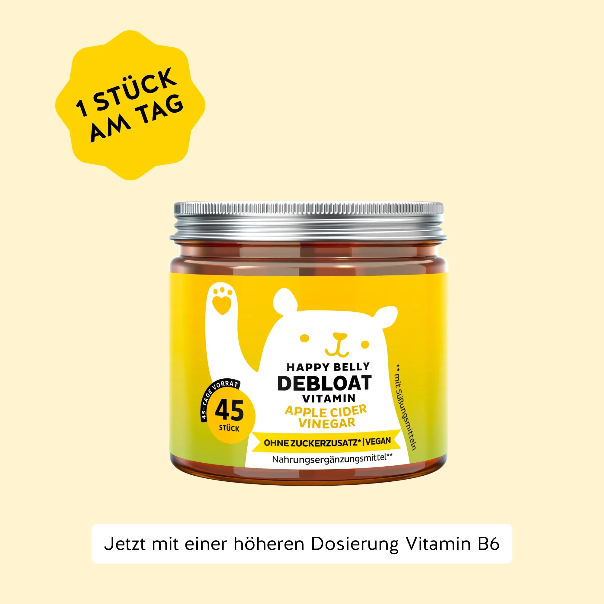 Bears with Benefits Happy Belly Debloat Vitamin Apple Cider Vinegar – vegane Apfelessig Gummibärchen für tägliche Balance und Debloat-Routine, Vitamin B6, Vitamin B12 und Apfelessigpulver, 45 Stück, 45 Tage Vorrat, 1 Stück am Tag, ohne Zuckerzusatz*, vegan, mit Süßungsmitteln, Nahrungsergänzungsmittel**, jetzt mit einer höheren Dosierung Vitamin B6