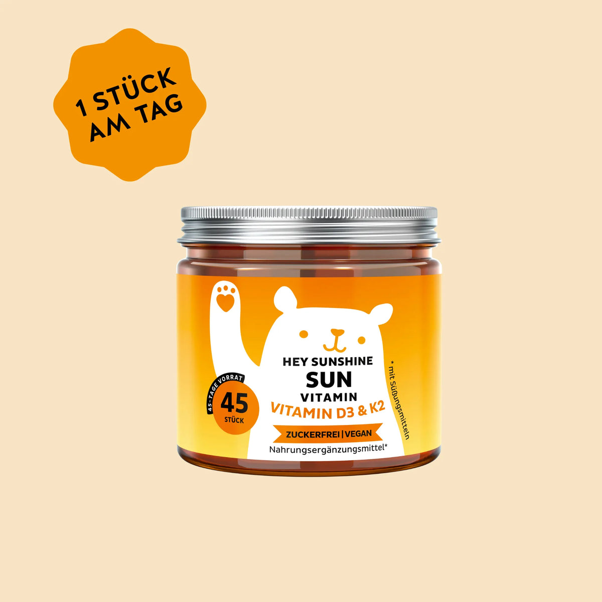 Bears with Benefits HEY SUNSHINE SUN Vitamin – Vegane Vitamin D3 & K2 Gummibärchen für Immunsystem* und Knochen*, Vitamin D3 25 µg (1000 IE) + Vitamin K2 25 µg pro Bärchen, 45 Stück, neue Formel, zuckerfrei, vegan