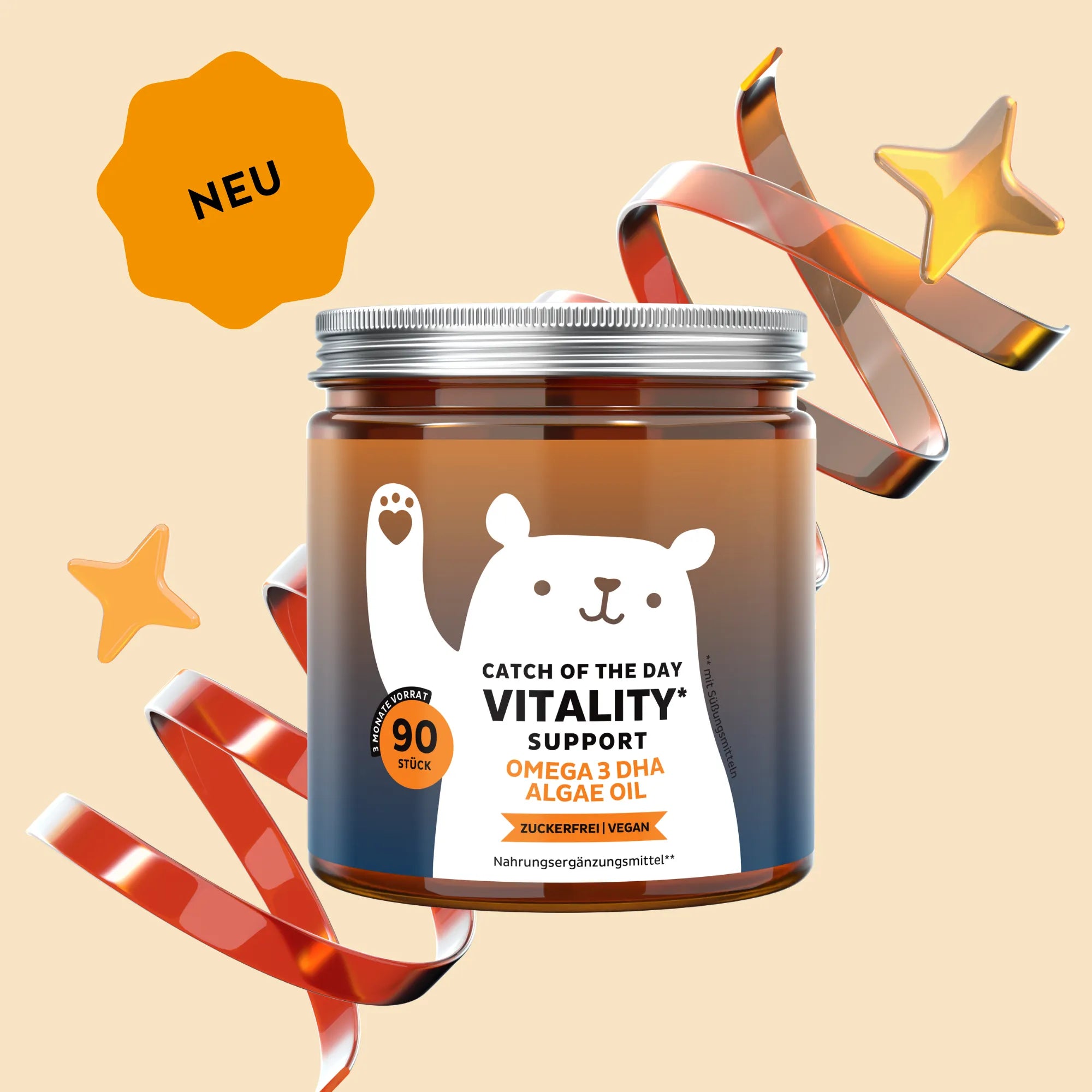 Bild der Dose mit 90 Stück der Catch Of The Day Vitality Support Vitamin-Gummibärchen von Bears with Benefits, entwickelt zur Unterstützung von Energie und Immunsystem.