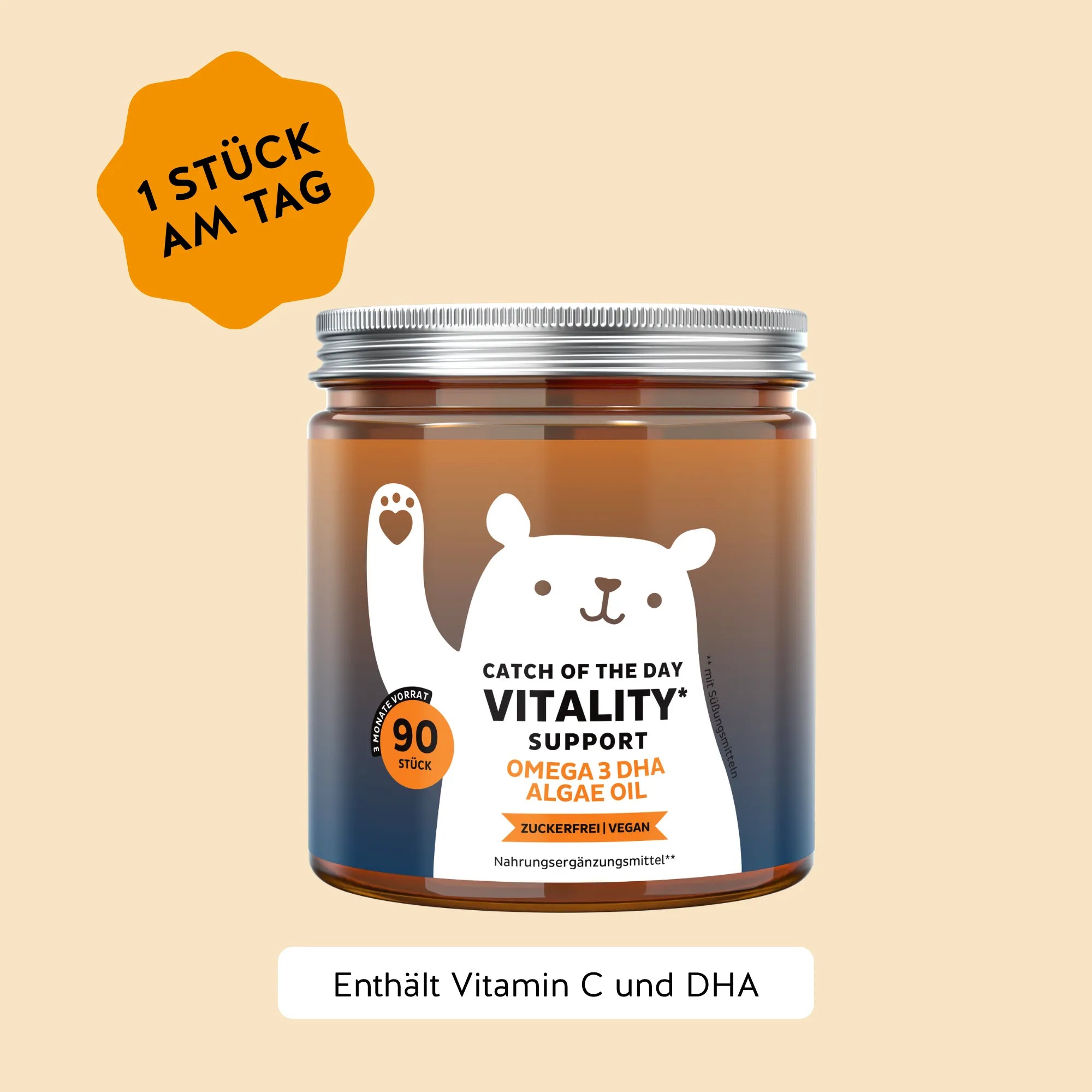 Bears with Benefits Catch Of The Day Vitality Support – Vegane Omega-3 DHA Gummibärchen aus Mikroalgenöl für Gehirnfunktion & Sehkraft, 50 mg DHA plus Vitamin C 20 mg und Vitamin E 1,8 mg α-TE pro Bärchen, 90 Stück, 3 Monate Vorrat, neue Formel, zuckerfrei, vegan