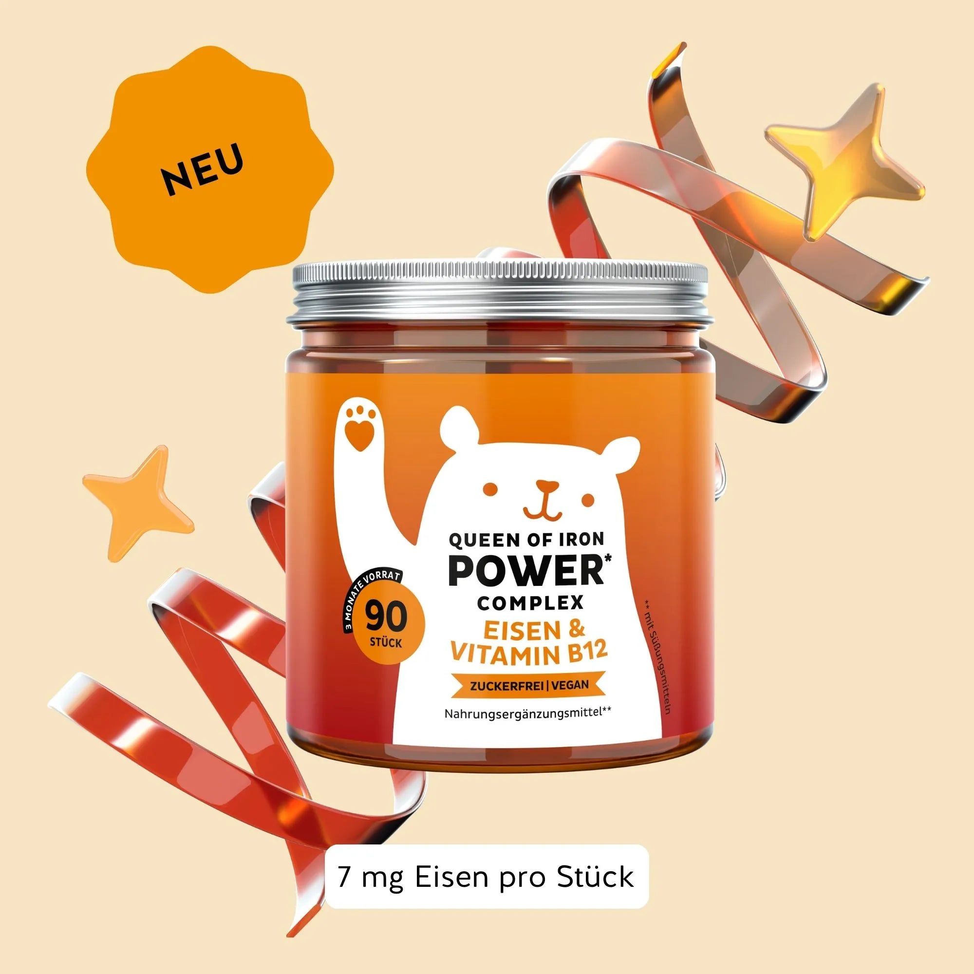 Bild der Dose mit 90 Stück der Queen of Iron Power Vitamine von Bears with Benefits in Form veganer Gummibärchen, entwickelt zur Versorgung mit Eisen und zur Unterstützung von Energie und täglicher Vitalität.
