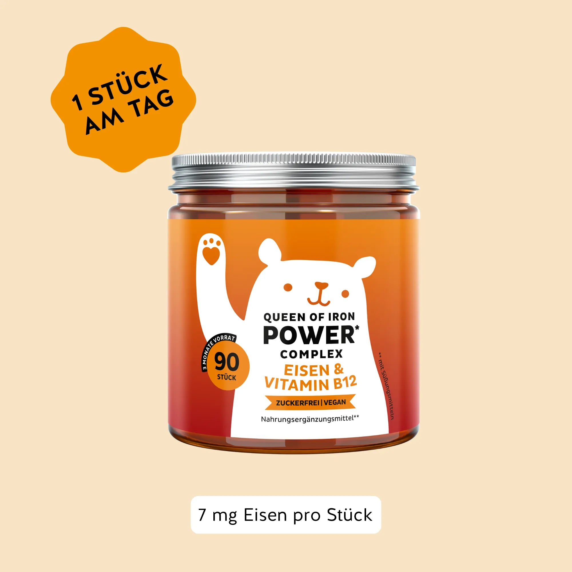 Bears with Benefits Queen of Iron POWER* Complex – Zuckerfreie, vegane Eisen-Gummibärchen mit Vitamin B12 für Energie* und weniger Müdigkeit*, 7 mg Eisen pro Stück, 90 Stück, 3 Monate Vorrat, 1 Stück am Tag, zuckerfrei & vegan