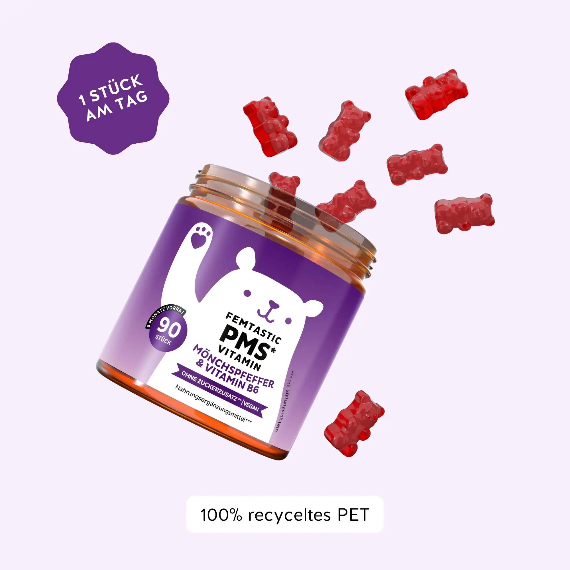 Verzehrempfehlung für die Femtastic PMS Vitamine von Bears with Benefits: 1 Gummibärchen täglich. Dose mit 90 Stück.