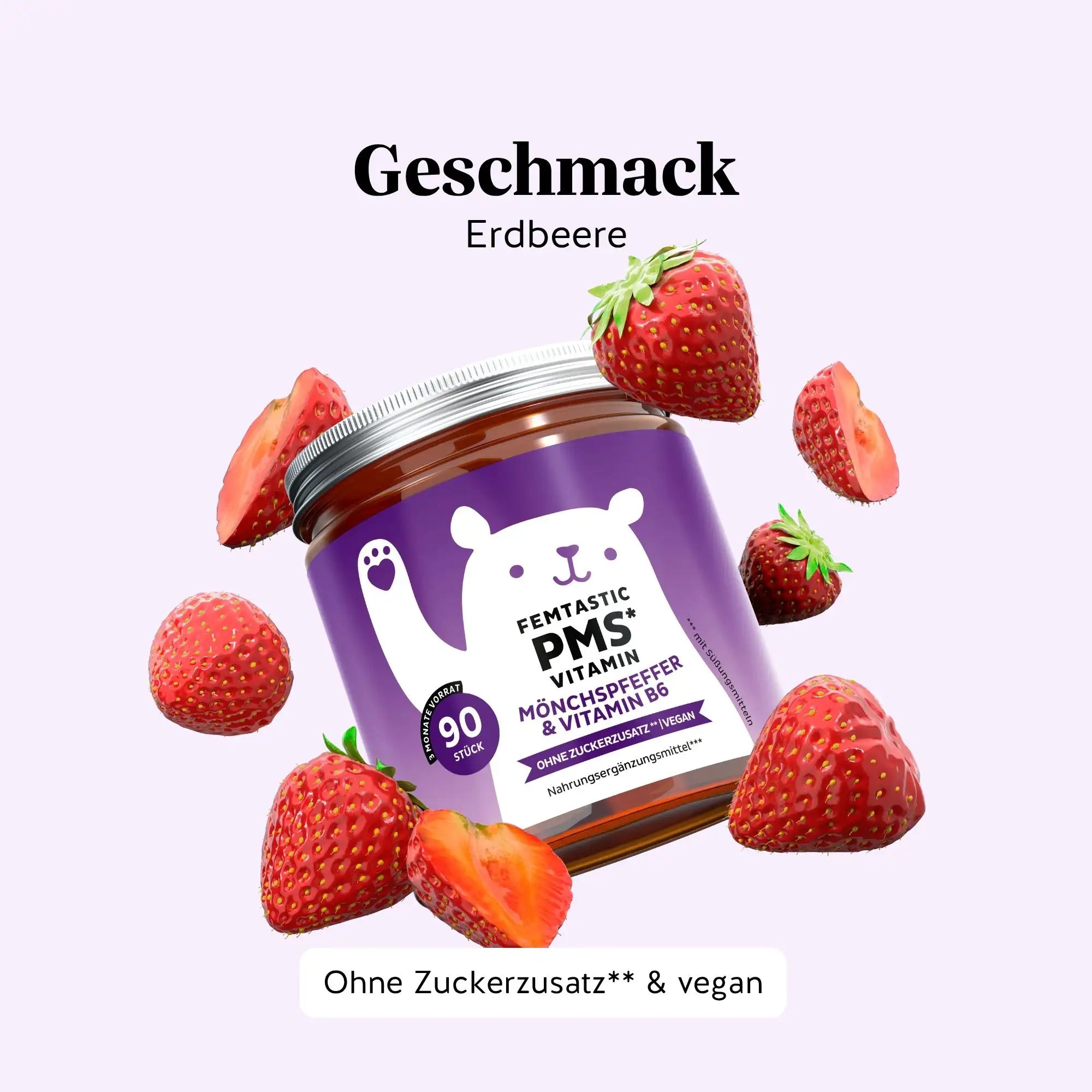 Natürlicher Erdbeergeschmack der Femtastic PMS Gummibärchen von Bears with Benefits, angenehm und leicht einzunehmen. Dose mit 90 Stück.