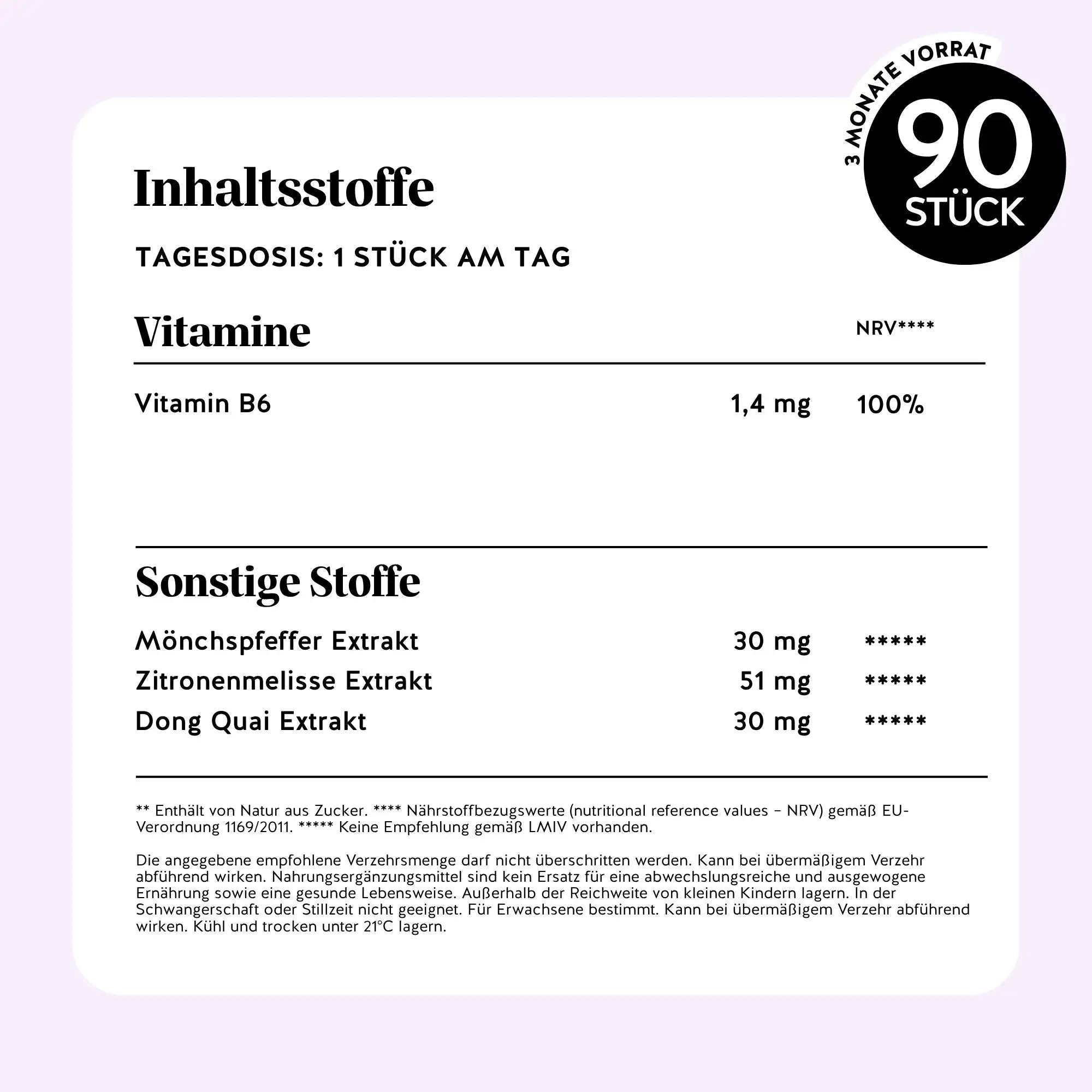 Vollständige Liste der Inhaltsstoffe der Femtastic PMS Vitamine von Bears with Benefits in Gummibärchenform, inklusive detaillierter Nährwertangaben.