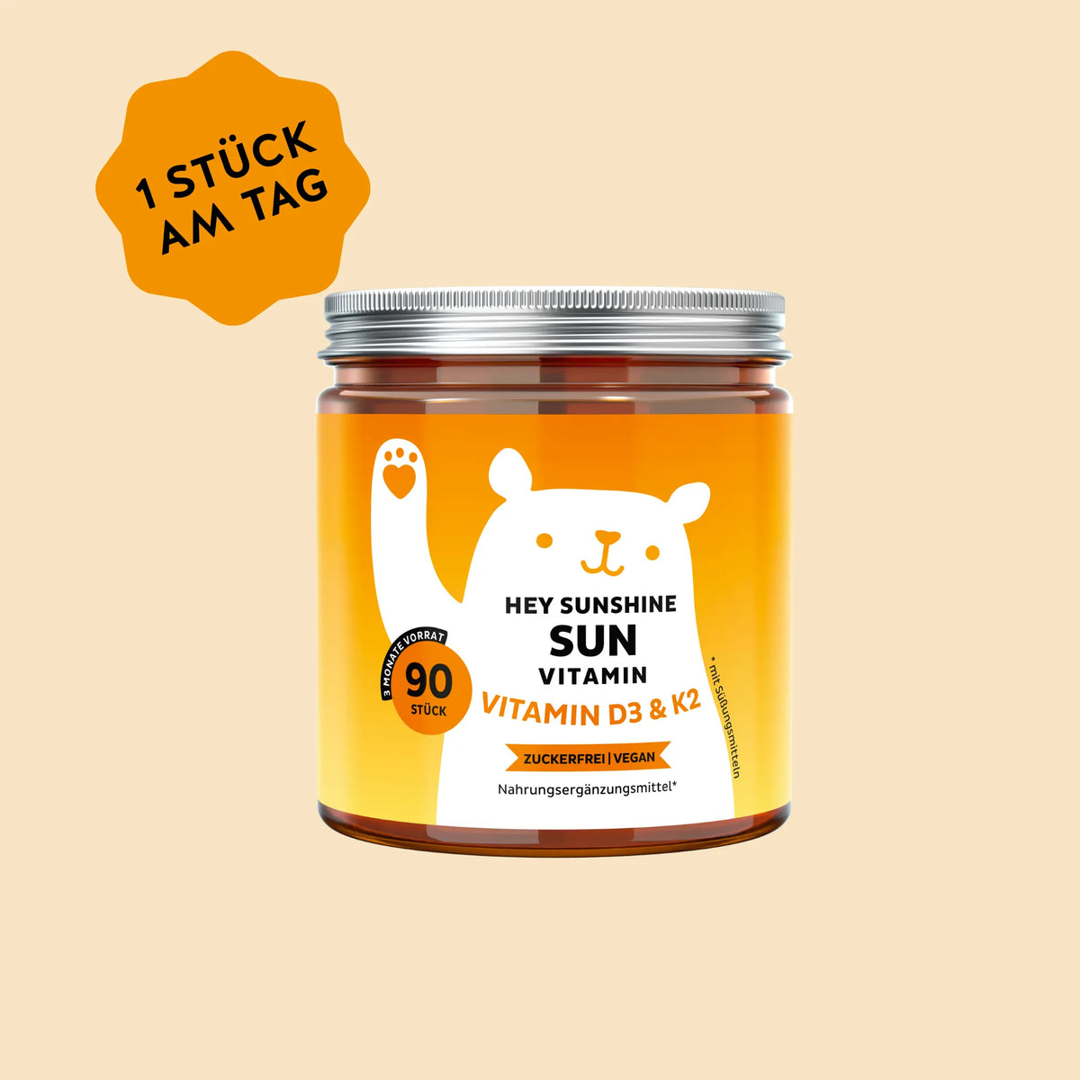 Bears with Benefits HEY SUNSHINE SUN Vitamin – Vegane Vitamin D3 & K2 Gummibärchen für Immunsystem* und Knochen*, Vitamin D3 25 µg (1000 IE) + Vitamin K2 25 µg pro Bärchen, 90 Stück, 3 Monate Vorrat, neue Formel, zuckerfrei, vegan
