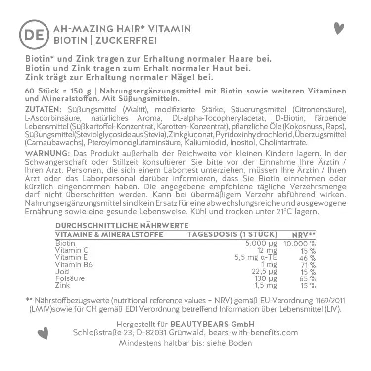 Hier ist das Etikett der Ah-Mazing Hair Bärchen mit Biotin ohne Zucker abgebildet. Darauf stehen die Zutatenliste sowie die Nährwertangaben des Produkts.