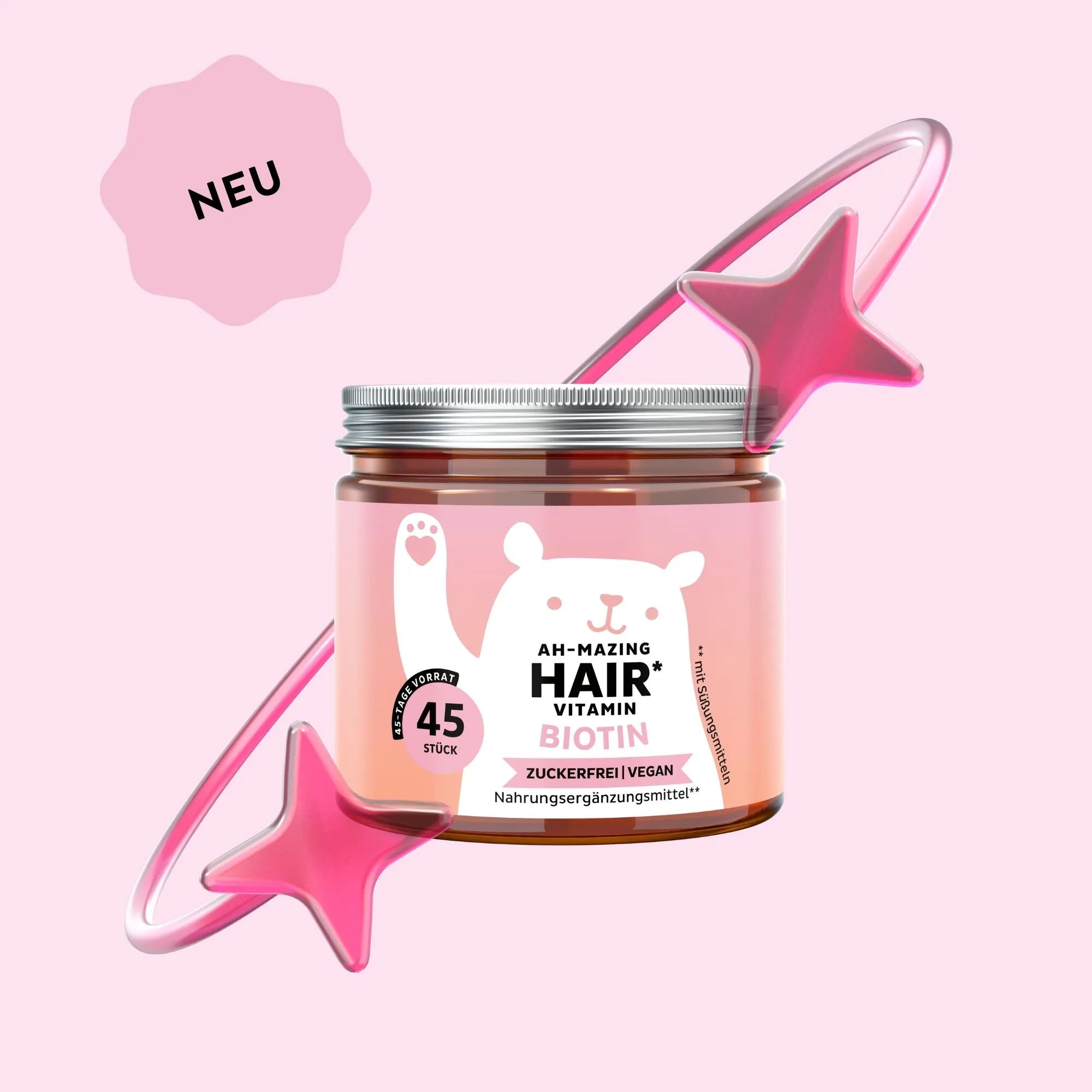 Bild der Dose mit 45 Stück der Ah-Mazing Hair Vitamine von Bears with Benefits in Form veganer Gummibärchen, entwickelt zur Unterstützung von Haaren, Haut und Nägeln.