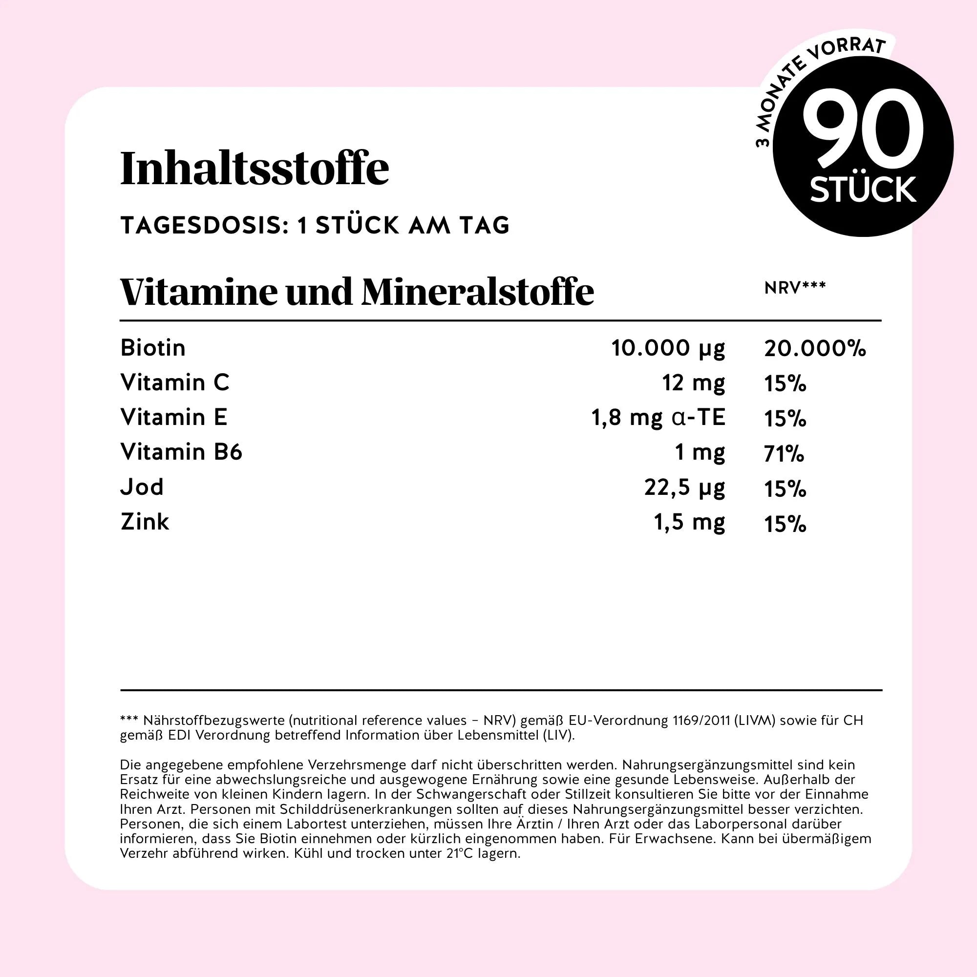 Bears with Benefits AH-MAZING Hair Vitamin – Nährwerttabelle und Inhaltsstoffe: Biotin 10.000 µg, Vitamin C 12 mg, Vitamin E 1,8 mg, Vitamin B6 1 mg, Jod 22,5 µg, Zink 1,5 mg, Tagesdosis 1 Stück, 45 Stück Packung, zuckerfrei, vegan