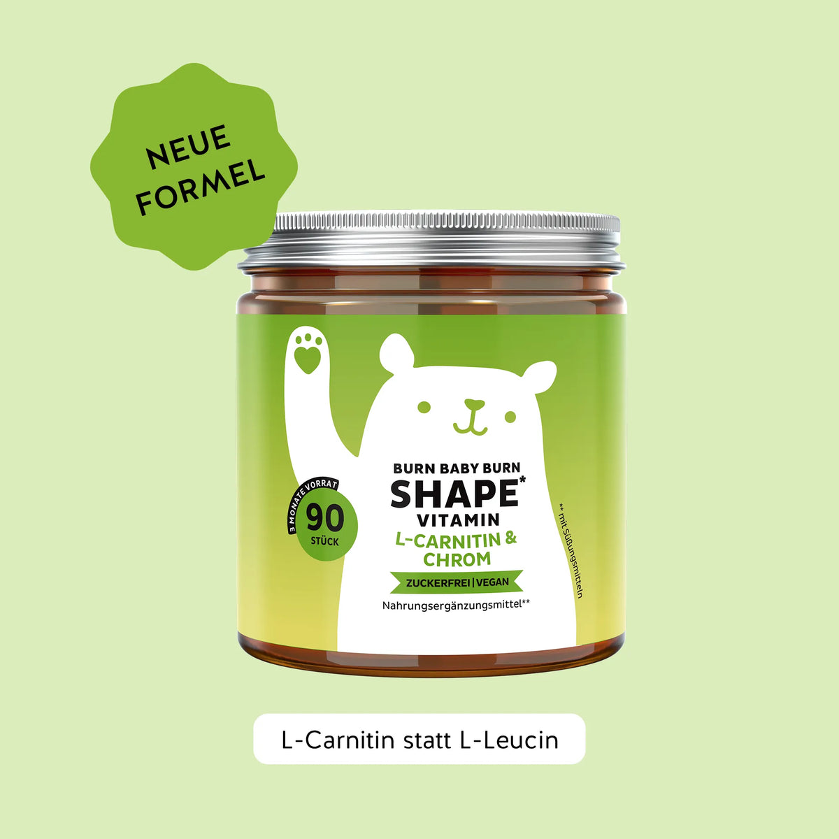 Bears with Benefits Burn Baby Burn Vitamin – Vegane, zuckerfreie Gummies mit Chrom, Biotin, Zink, L-Carnitin & Grüntee-Extrakt, 90 Bärchen mit Zitronengeschmack.