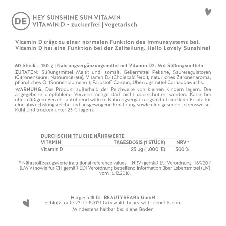 Hier ist das Etikett der Hey Sunshine Bärchen mit Vitamin D3 ohne Zucker abgebildet. Darauf stehen die Zutatenliste sowie die Nährwertangaben des Produkts.