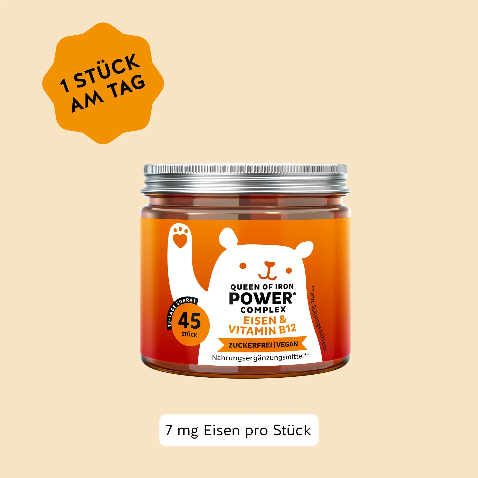 Bears with Benefits Queen of Iron POWER* Complex – Zuckerfreie, vegane Eisen-Gummibärchen mit Vitamin B12 für Energie* und weniger Müdigkeit*, 7 mg Eisen pro Stück, 45 Stück, 1 Stück am Tag, zuckerfrei & vegan