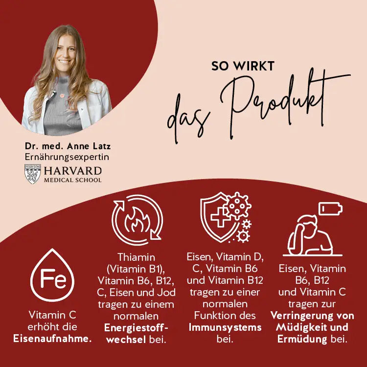 So wirken die Iron Lady Vegan Bärchen mit Eisen: Vitamin B2 und Eisen tragen zu einem normalen Energiestoffwechsel und Funktion des Immunsystems bei, Eisen und Vitamin B12 tragen zur Verringerung von Müdigkeit und Ermüdung bei.