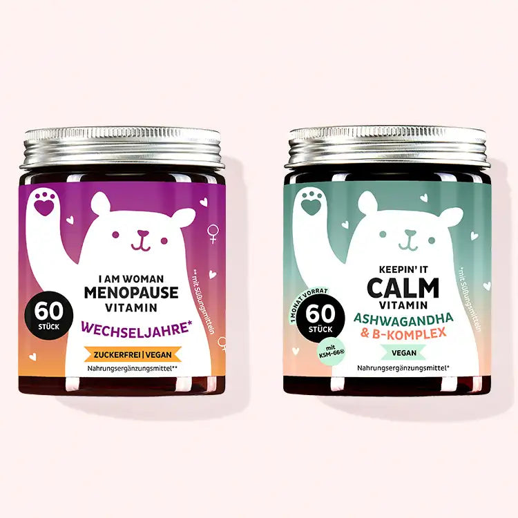 2er Set "Calm & Pause" bestehend aus den Keepin' it Calm und I am Woman Menopause Vitamins mit Ashwagandha, Vitamin B1, Vitamin B2, Vitamin B6, Vitamin B12, Biotin, Folsäure, Vitamin E, Selen, Zink, Vitamin D, Vitamin C, Nachtkerzenöl, Leinöl, Hyaluronsäure, Coenzym Q10.