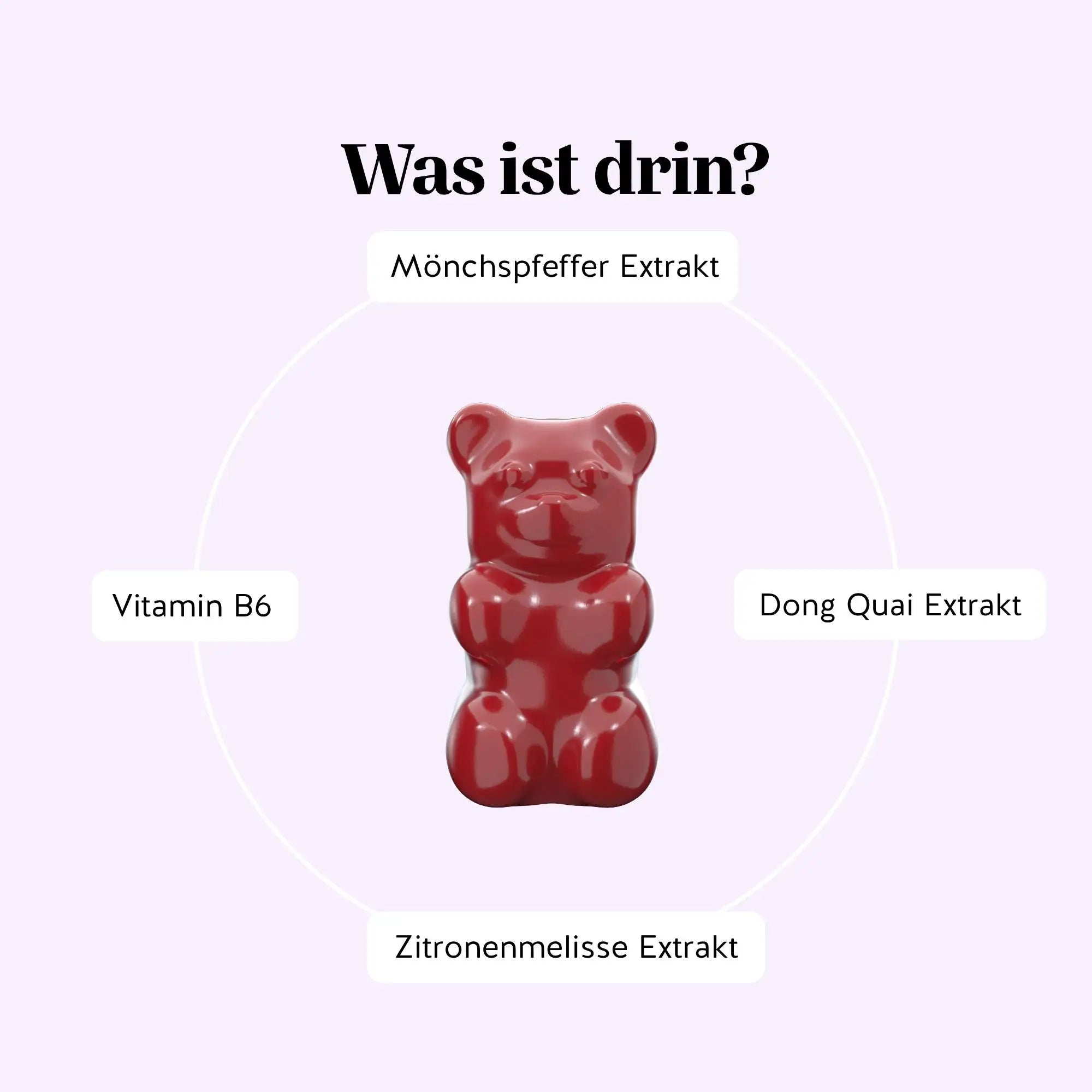 Bears with Benefits FEMTASTIC PMS Vitamin – Inhaltsstoffe pro Gummibärchen (Deutschland): Mönchspfeffer Extrakt, Vitamin B6, Dong Quai Extrakt, Zitronenmelisse Extrakt, vegane Formel, ohne Zuckerzusatz**; Text im Bild: “Was ist drin?”, “Mönchspfeffer Extrakt”, “Vitamin B6”, “Dong Quai Extrakt”, “Zitronenmelisse Extrakt”.