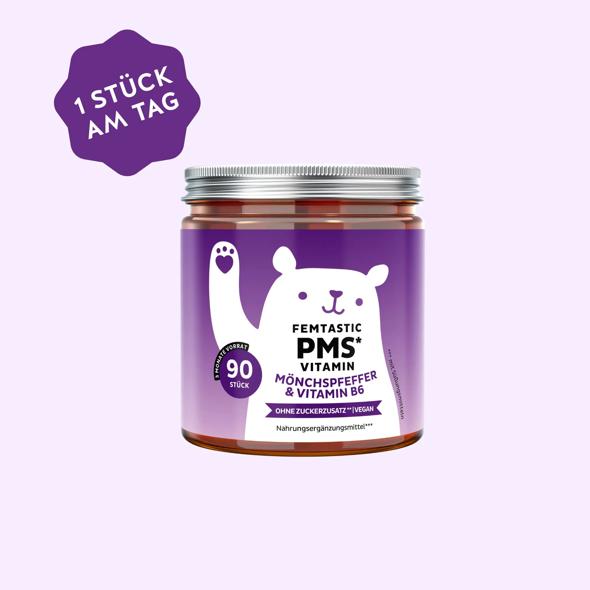 Bears with Benefits FEMTASTIC PMS Vitamin – Vegane PMS Gummibärchen mit Mönchspfeffer Extrakt & Vitamin B6 zur Regulierung der Hormontätigkeit (Deutschland), 90 Stück, 3 Monate Vorrat, ohne Zuckerzusatz** | vegan; Glas-Text: “FEMTASTIC PMS* VITAMIN”, “MÖNCHSPFEFFER & VITAMIN B6”, “OHNE ZUCKERZUSATZ** | VEGAN”, “Nahrungsergänzungsmittel***”, Badge: “3 MONATE VORRAT 90 STÜCK”, Seitenhinweis: “* mit Süßungsmitteln”.