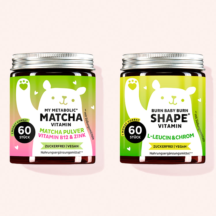 Green up your life Duo mit My Metabolic Matcha mit Matcha Pulver sowie Burn Baby Burn Shape mit Grünteeblattextrakt, L-Leucin und Chrome von Bears with Benefits.