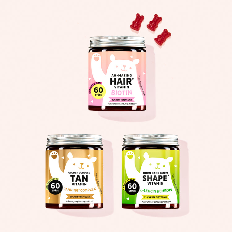 Vitamin-Trio in Gummibärchenform mit Beta-Carotin, Chrom und Biotin.