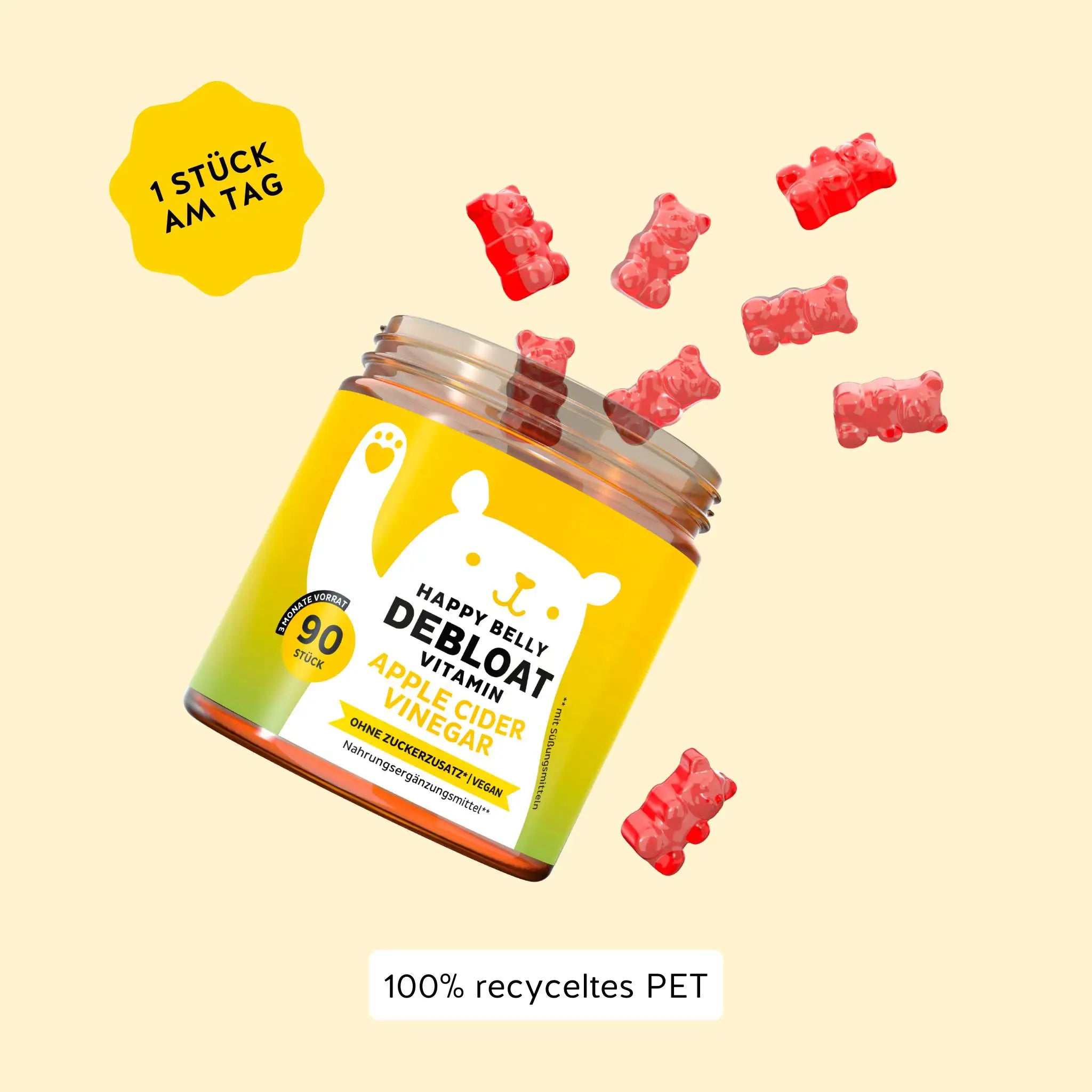 Verzehrempfehlung für das Happy Belly Debloat Vitamin von Bears with Benefits für optimale Verdauungsergebnisse. Dose mit 90 Stück.