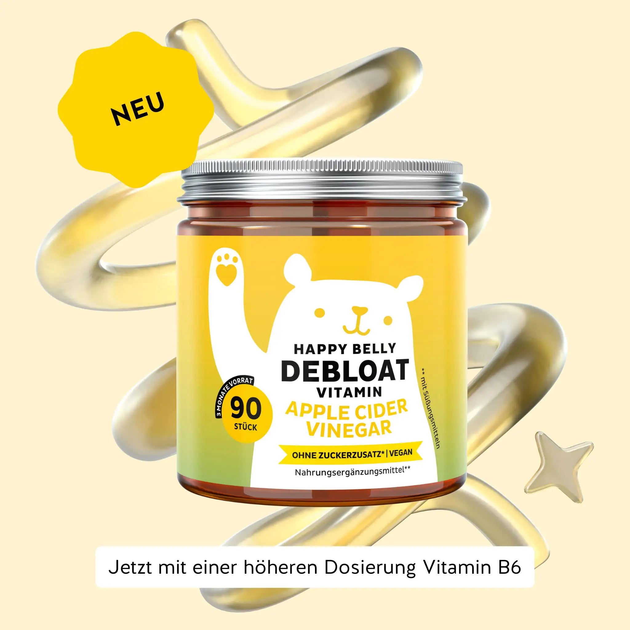 Bild der Dose mit 90 Stück des Happy Belly Debloat Vitamin von Bears with Benefits in Gummibärchenform, entwickelt zur Verbesserung der Verdauungsgesundheit und des Darmgleichgewichts.