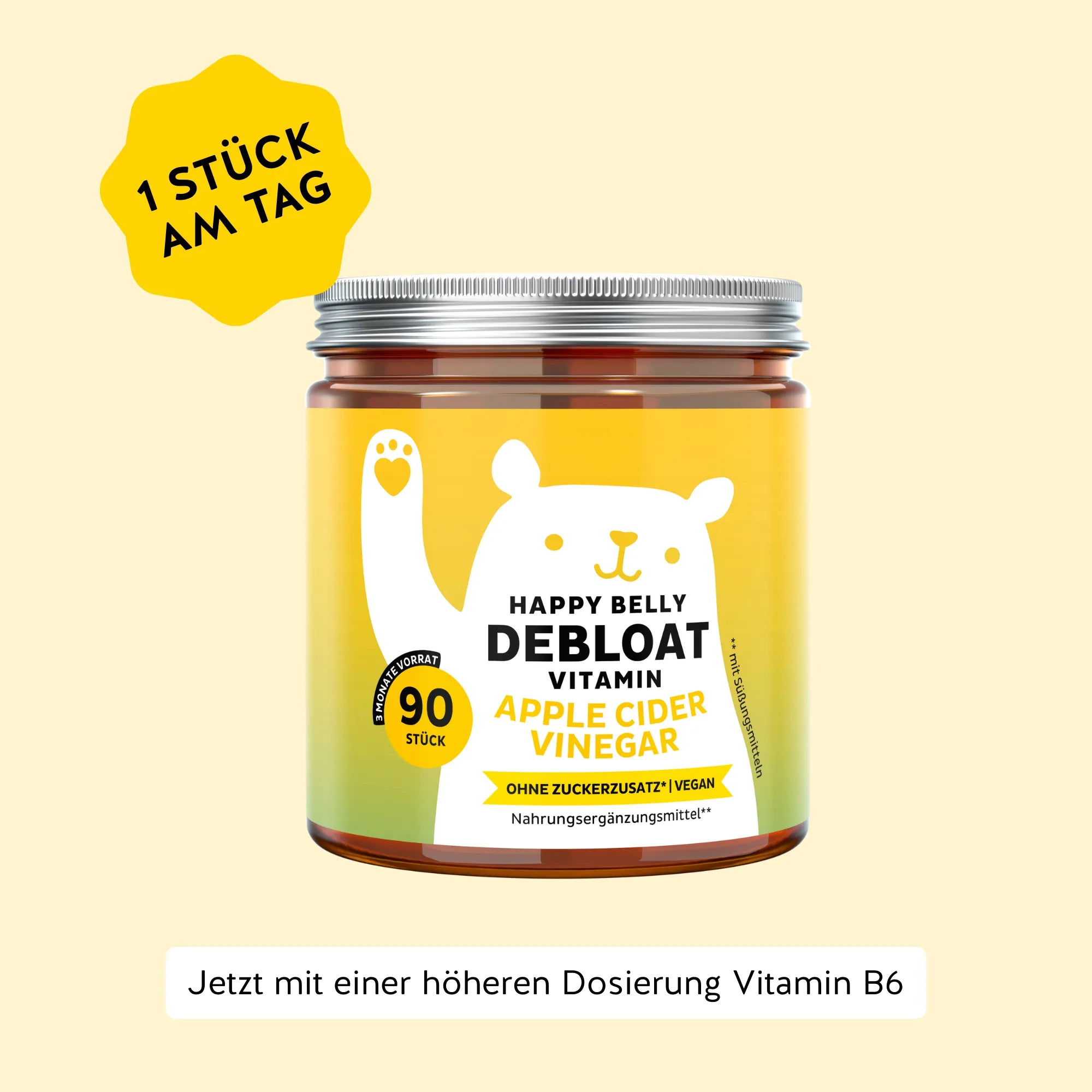 Bears with Benefits Happy Belly Debloat Vitamin Apple Cider Vinegar – vegane Apfelessig Gummibärchen mit Vitamin B6, Vitamin B12 und Apfelessigpulver, 90 Stück, 3 Monate Vorrat, 1 Stück am Tag, ohne Zuckerzusatz*, vegan, mit Süßungsmitteln, Nahrungsergänzungsmittel**, jetzt mit einer höheren Dosierung Vitamin B6