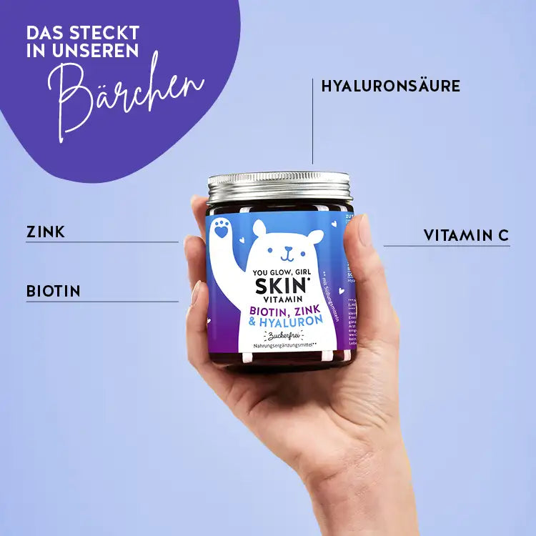 Auf diesem Bild sind die Inhaltsstoffe der You Glow, Girl Skin mit Biotin, Zink & Hyaluron von Bears with Benefits abgebildet. Hyaluronsäure, Zink, Biotin und Vitamin C.