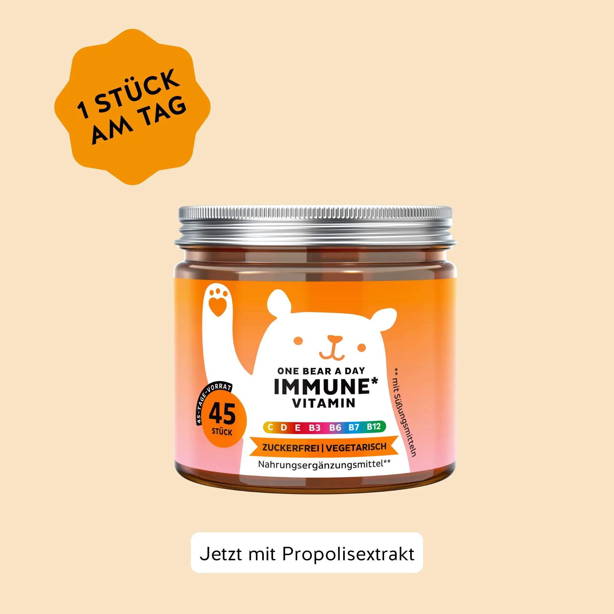 Bears with Benefits One Bear a Day Immune* Vitamin – zuckerfreie vegetarische Immunsystem Gummibärchen mit Vitamin C, D, E, B3, B6, B7 und B12, 45 Stück, 45 Tage Vorrat, 1 Stück am Tag, jetzt mit Propolisextrakt, mit Süßungsmitteln, Nahrungsergänzungsmittel**