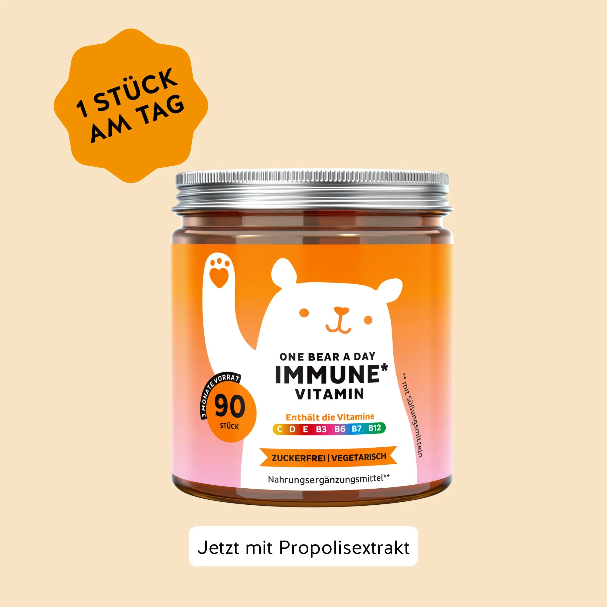 Bears with Benefits One Bear a Day Immune* Vitamin – zuckerfreie vegetarische Immunsystem Gummibärchen mit den Vitaminen C, D, E, B3, B6, B7 und B12, 90 Stück, 3 Monate Vorrat, 1 Stück am Tag, jetzt mit Propolisextrakt, mit Süßungsmitteln, Nahrungsergänzungsmittel**