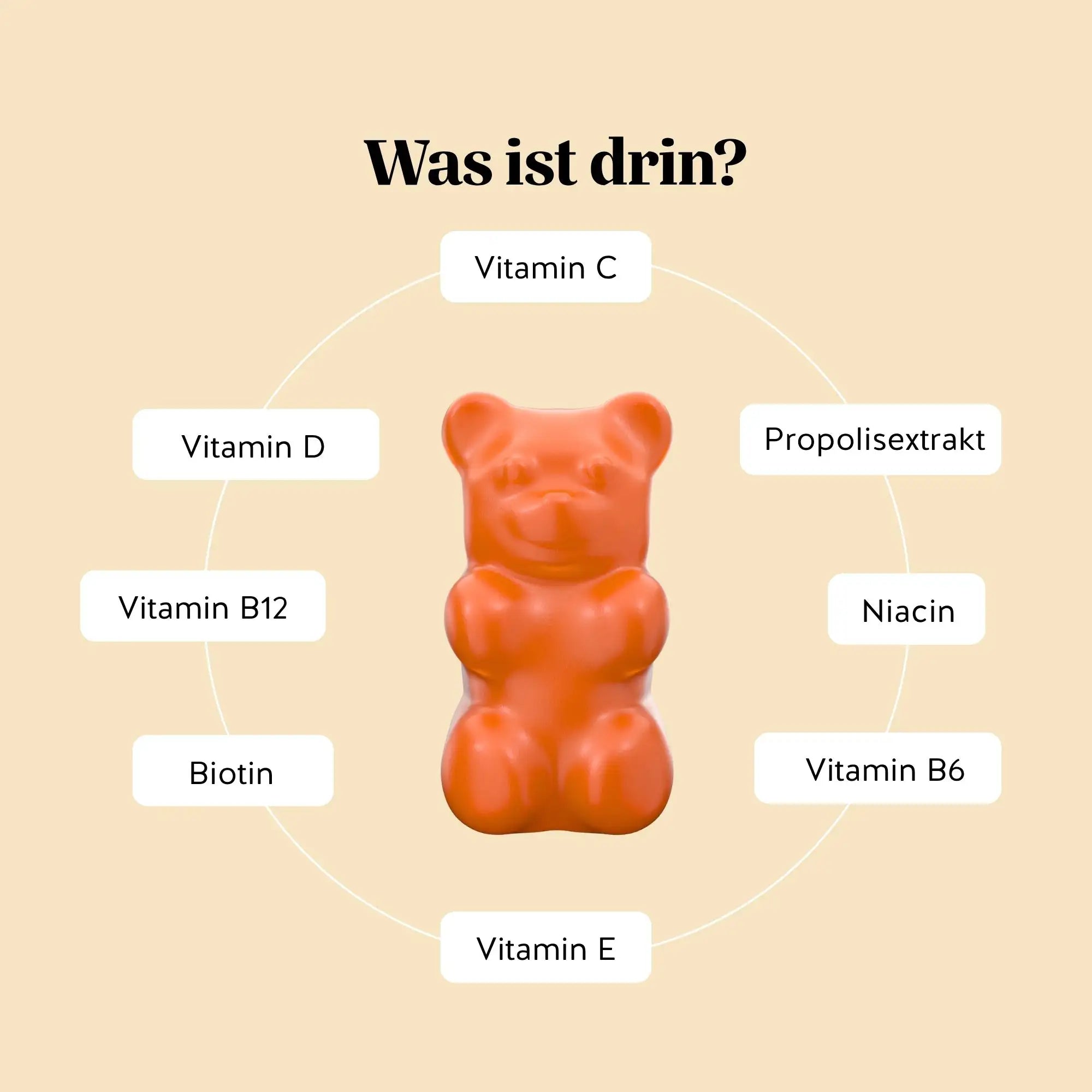 Inhaltsstoffe des Immun Boost vitamin von Bears with Benefits, sorgfältig ausgewählt zur Unterstützung des Immunsystems.