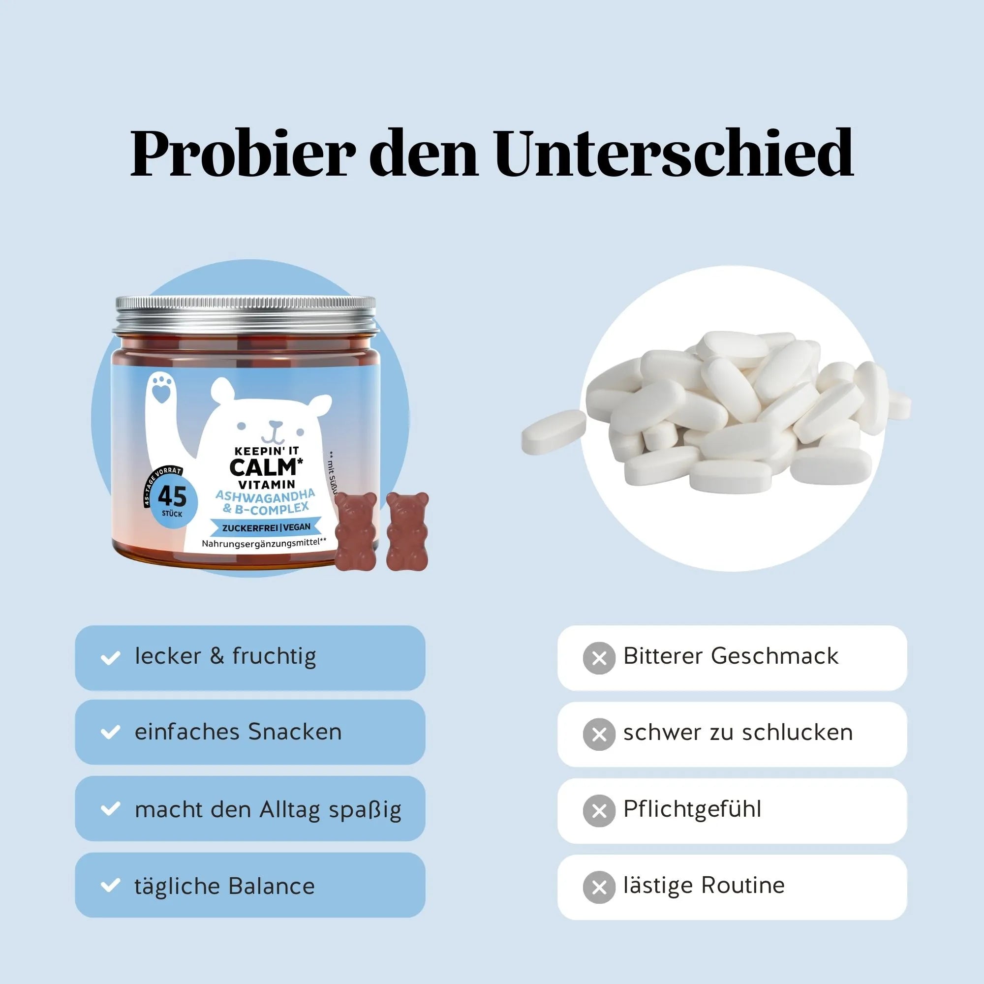 Bears with Benefits Keepin’ it Calm Vitamin – Vergleich Gummibärchen vs. Tabletten: lecker, einfach einzunehmen und zuckerfrei & vegan, Ashwagandha & B-Complex Gummies mit Withanoliden 4,25 mg und L-Theanin 10 mg pro Bärchen
