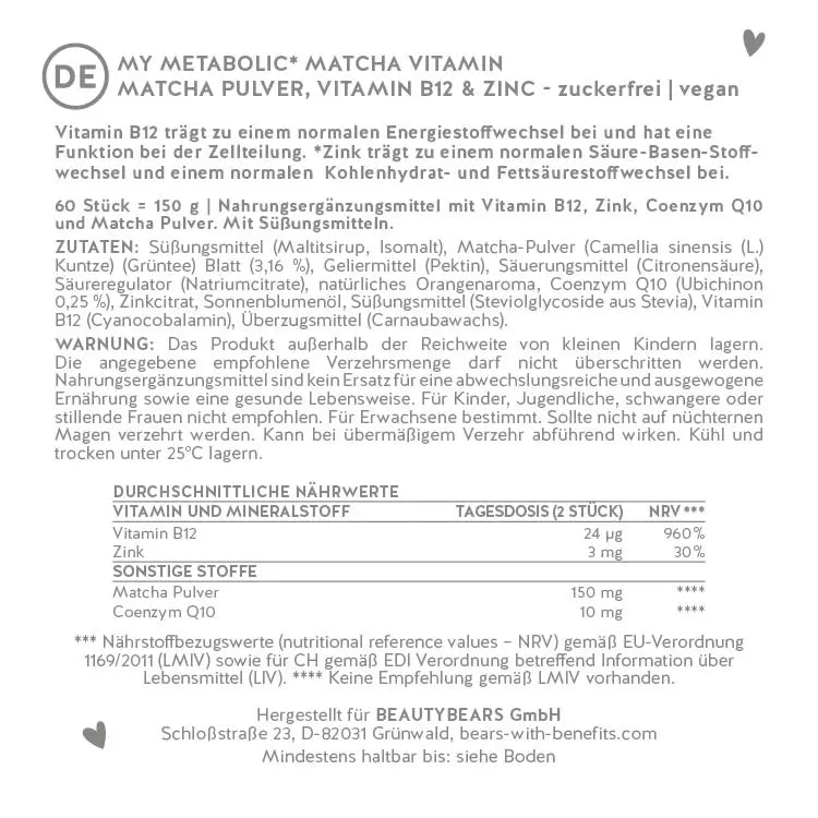 Hier findest Du die Inhaltsstoffliste unserer My Metabolic Matcha Bärchen