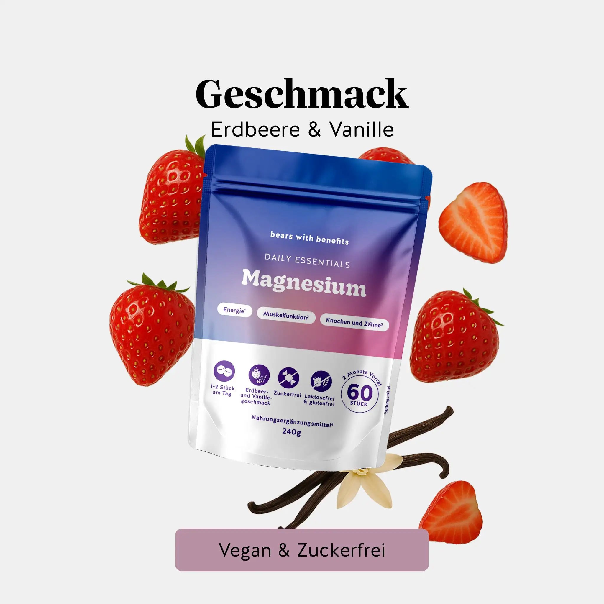 Bears with Benefits Daily Essentials Magnesium – vegane Magnesium Gummies mit Erdbeer- und Vanillegeschmack für Energie, Muskelfunktion, Knochen und Zähne, 180 mg Magnesium pro Stück, 60 Stück, 2 Monate Vorrat, 1–2 Stück am Tag, vegan & zuckerfrei, laktosefrei & glutenfrei, Nahrungsergänzungsmittel, 240 g
