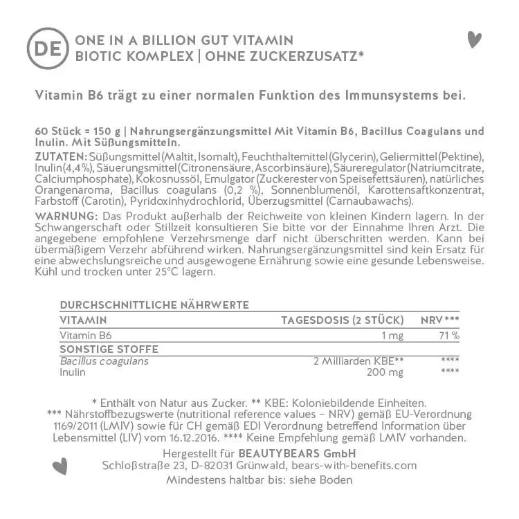 Hier ist das Etikett der One In A Billion Gut Vitamin Bärchen mit Biotic Komplex abgebildet. Darauf stehen die Zutatenliste sowie die Nährwertangaben des Produkts.