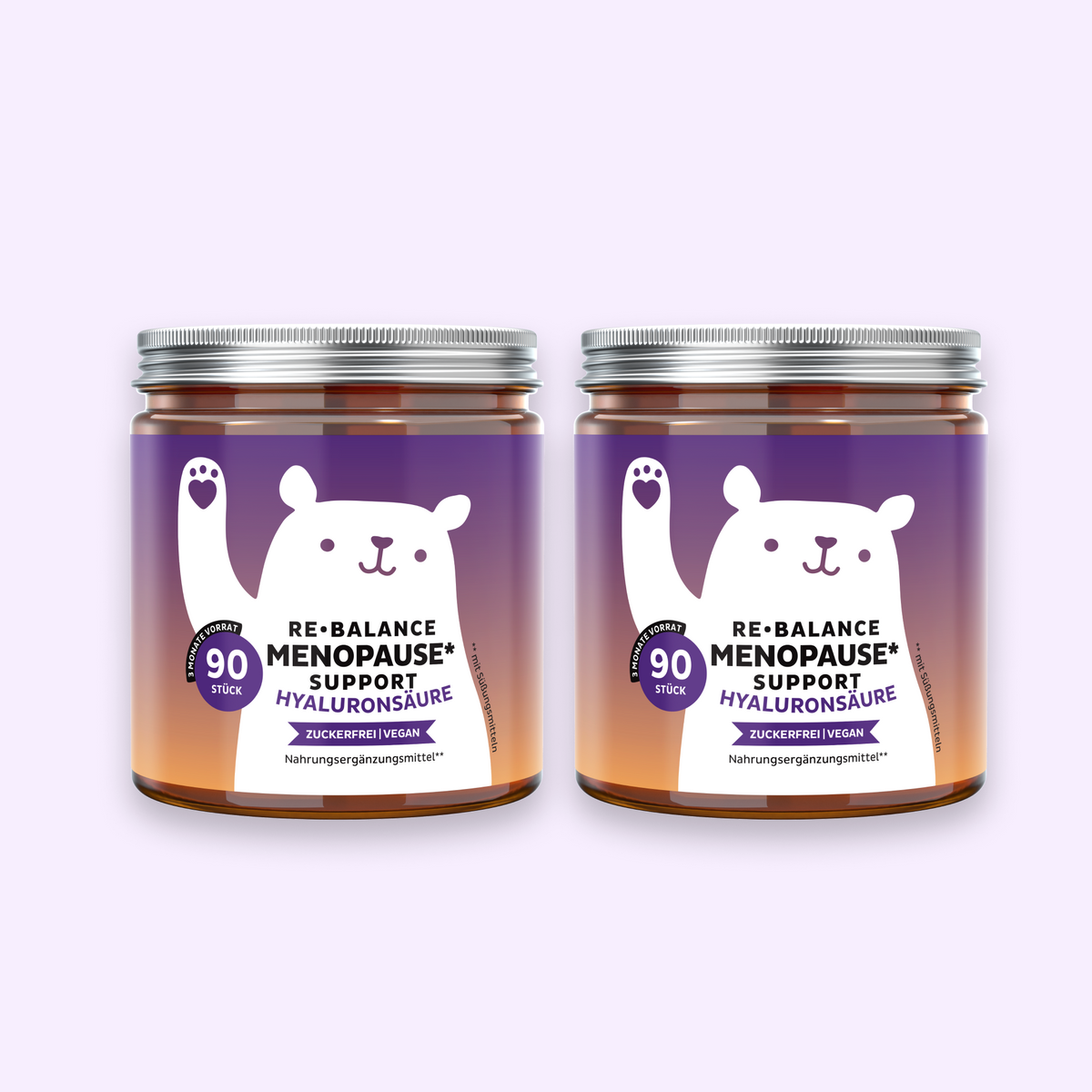 Bears with Benefits Re-Balance Menopause Support – Vegane Hyaluronsäure Gummibärchen für Unterstützung während der Menopause und weibliches Wohlbefinden, 25 mg Hyaluronsäure pro Bärchen, 2er Pack je 90 Stück, 6 Monate Vorrat, zuckerfrei und vegan
