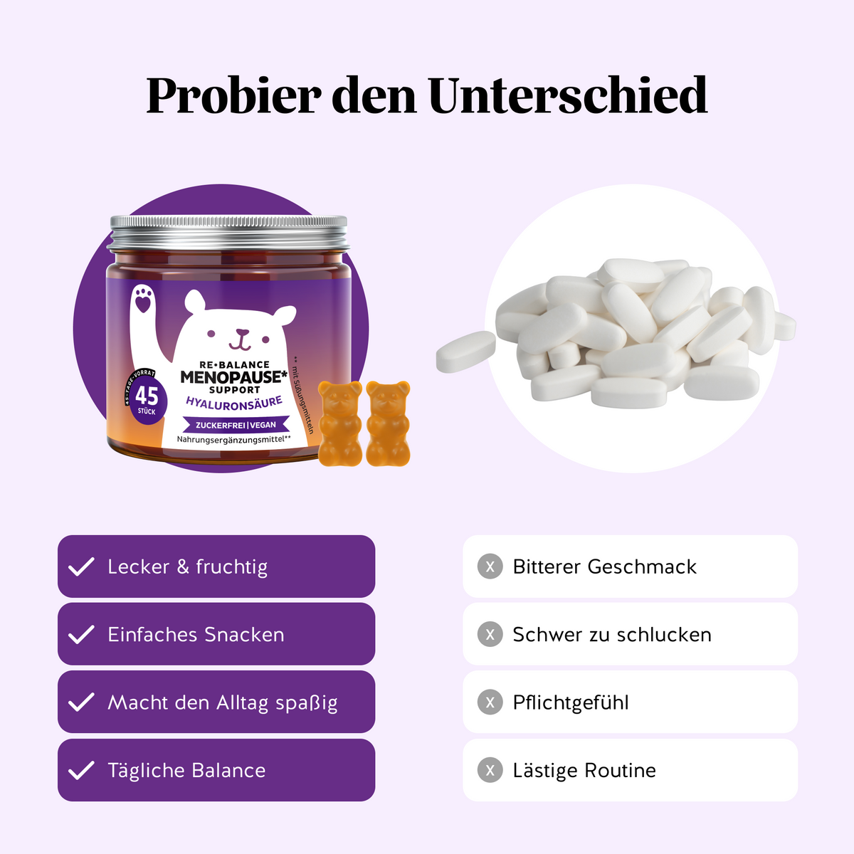 Bears with Benefits Re-Balance Menopause Support – Vegane Hyaluronsäure Gummibärchen als Alternative zu Tabletten für die tägliche Menopause-Routine: lecker & fruchtig, einfaches Snacken, macht den Alltag spaßig und tägliche Balance statt bitterer Geschmack, schwer zu schlucken, Pflichtgefühl und lästige Routine, 45 Stück