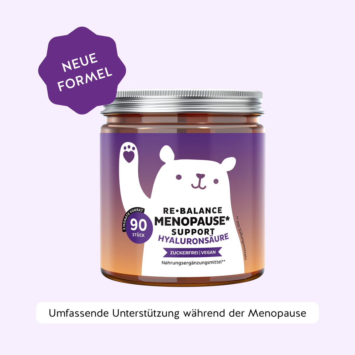 Bears with Benefits Re-Balance Menopause Support – Vegane Hyaluronsäure Gummibärchen für Unterstützung während der Menopause und weibliches Wohlbefinden, 25 mg Hyaluronsäure pro Bärchen, 90 Stück, 3 Monate Vorrat, zuckerfrei und vegan