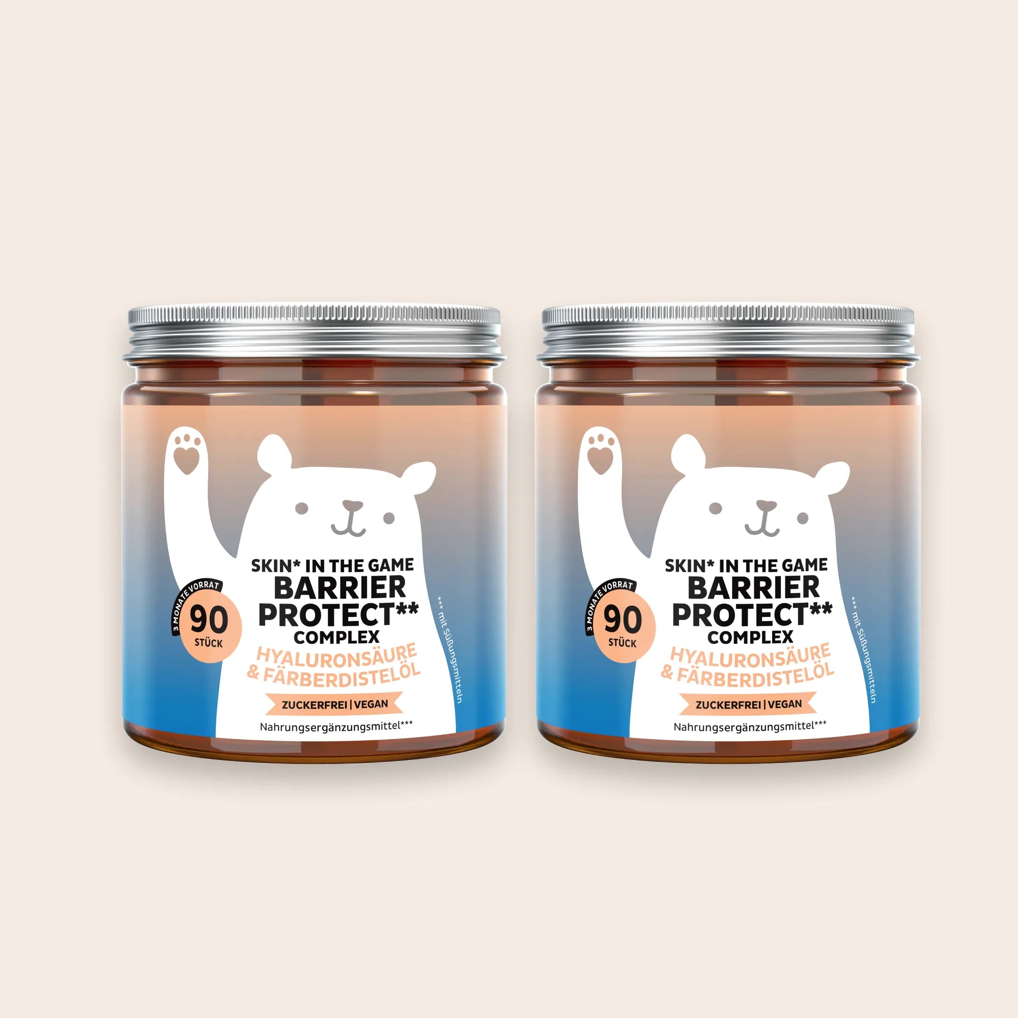 Bears with Benefits Skin* in the Game Barrier Protect** Complex – Vegane Hautschutz Gummibärchen für Hautbarriere, normale Hautfunktion und Zellschutz, 20 mg Hyaluronsäure, 20 mg Färberdistelöl, 10 mg Traubenkernextrakt, 5 mg Zink, 20 mg Vitamin C und 12 mg Vitamin E pro Bärchen, 2er Pack je 90 Stück, 3 Monate Vorrat je Dose, zuckerfrei & vegan