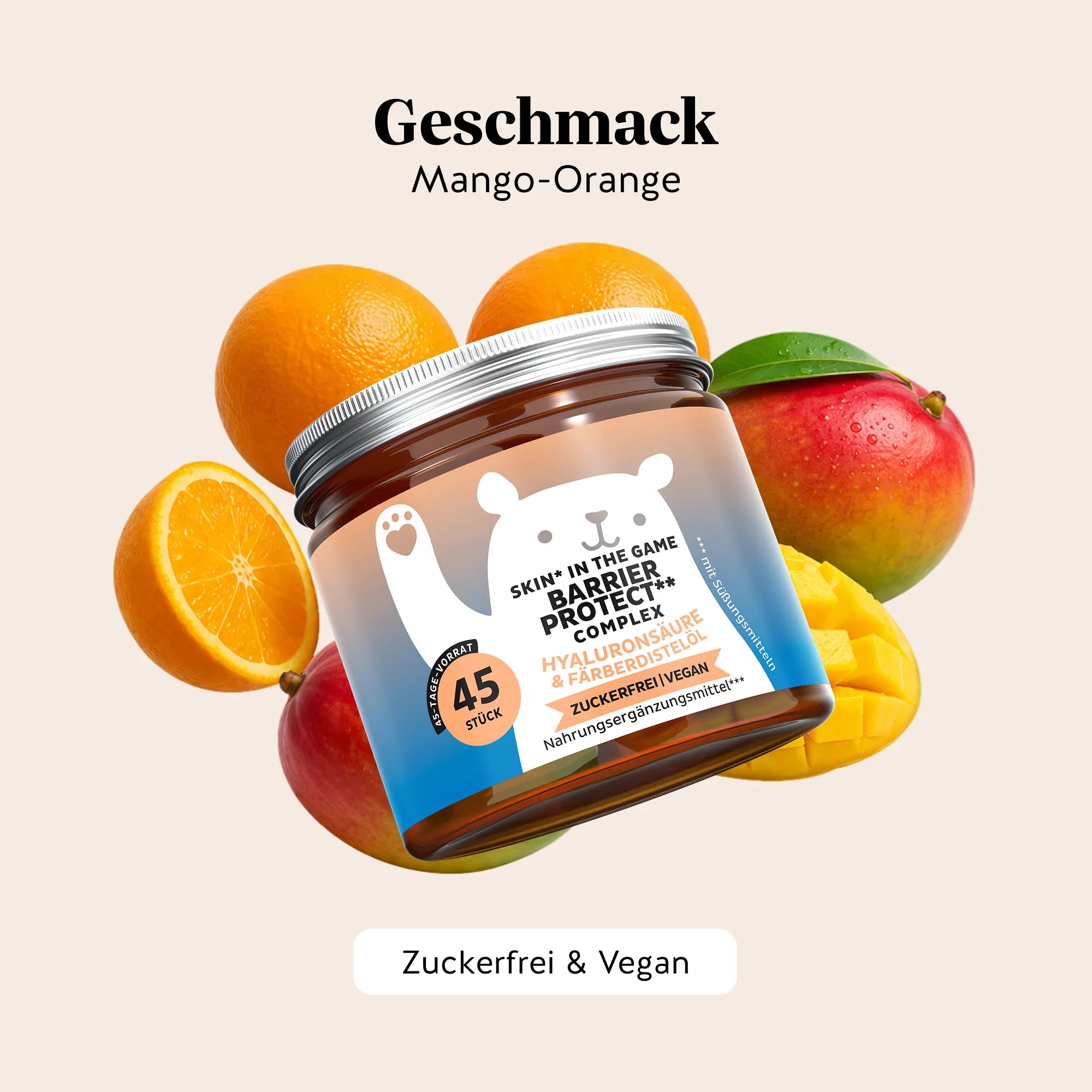 Bears with Benefits Skin* in the Game Barrier Protect** Complex – Vegane Haut Gummibärchen mit Mango-Orange Geschmack für Hautbarriere und normale Hautfunktion, 20 mg Hyaluronsäure, 20 mg Färberdistelöl, 10 mg Traubenkernextrakt, 5 mg Zink, 20 mg Vitamin C und 12 mg Vitamin E pro Bärchen, 45 Stück, zuckerfrei & vegan