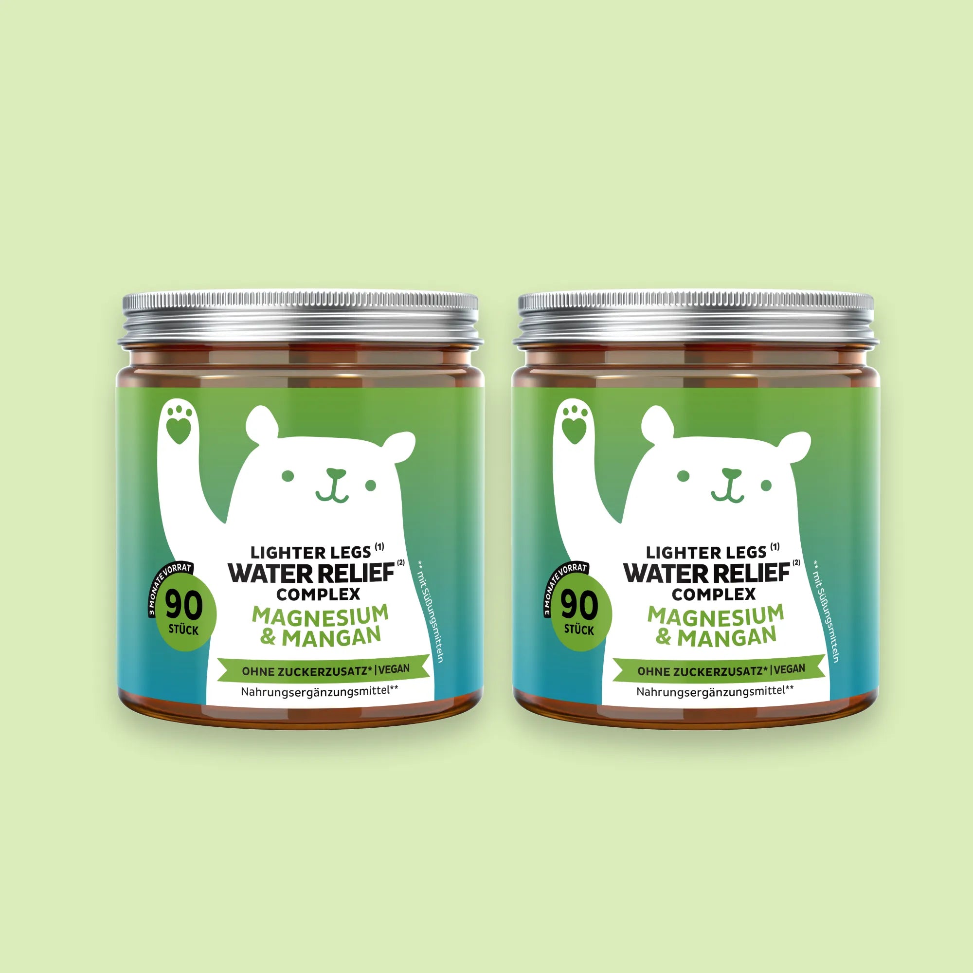 Bears with Benefits Lighter Legs Water Relief Complex – Vegane Magnesium & Mangan Gummibärchen für leichte Beine und tägliche Balance, 57 mg Magnesium und 0,5 mg Mangan pro Bärchen, Doppelpack mit 2 x 90 Stück, 6 Monate Vorrat, ohne Zuckerzusatz und vegan