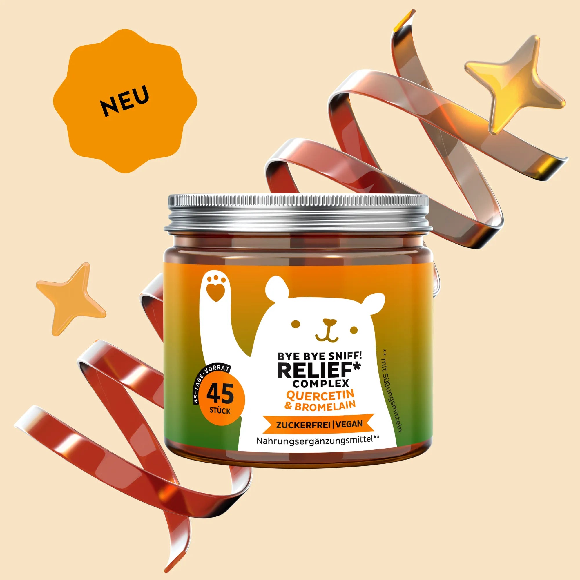 Bears with Benefits Bye Bye Sniff! Relief Complex – Vegane Quercetin und Bromelain Gummibärchen zur Unterstützung des Immunsystems, mit Vitamin C und Zink, 45 Stück, neue Formel, zuckerfrei