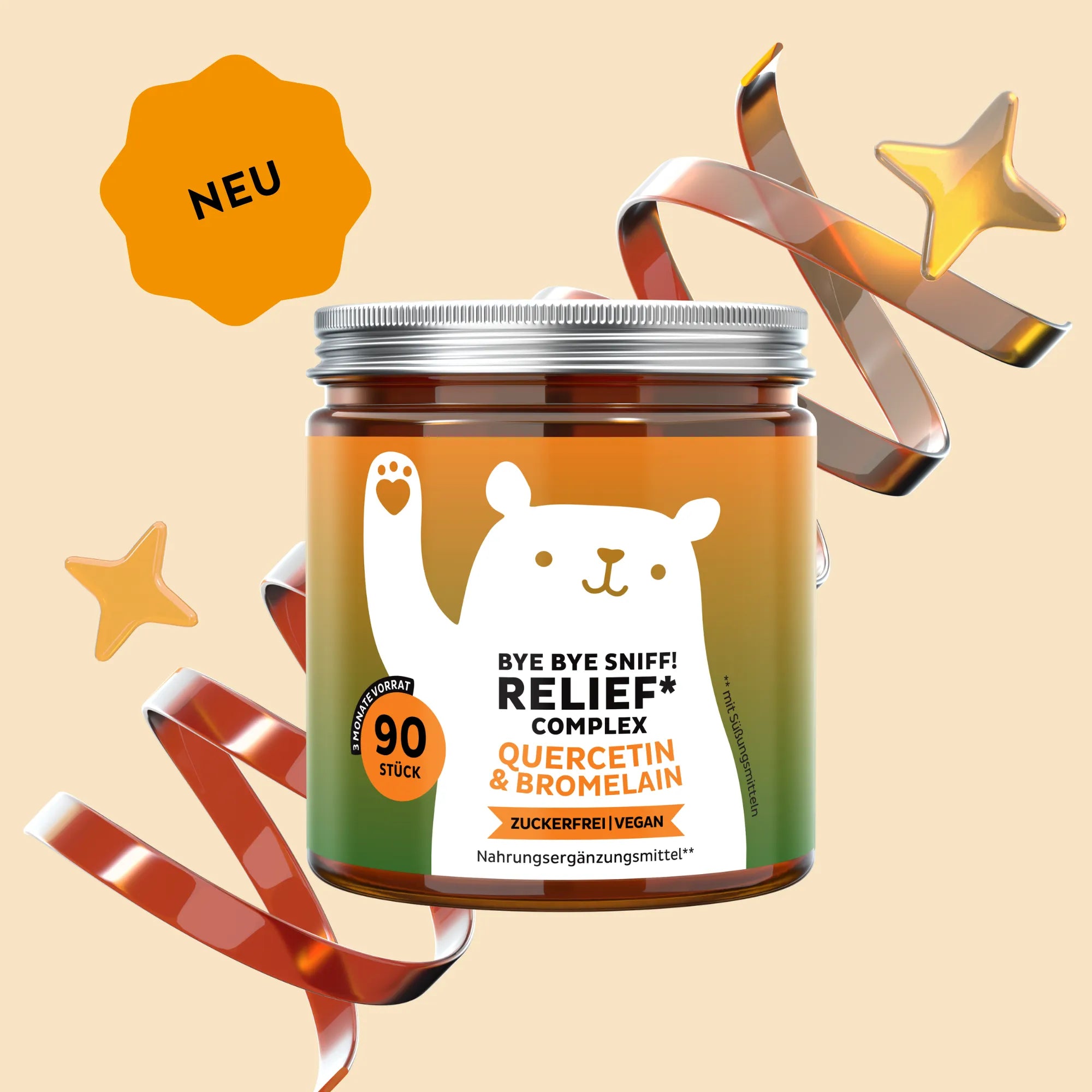 Bears with Benefits Bye Bye Sniff! Relief Complex – Vegane Quercetin und Bromelain Gummibärchen mit Vitamin C und Zink zur Unterstützung des Immunsystems, 90 Stück, 3 Monate Vorrat, neue Formel, zuckerfrei