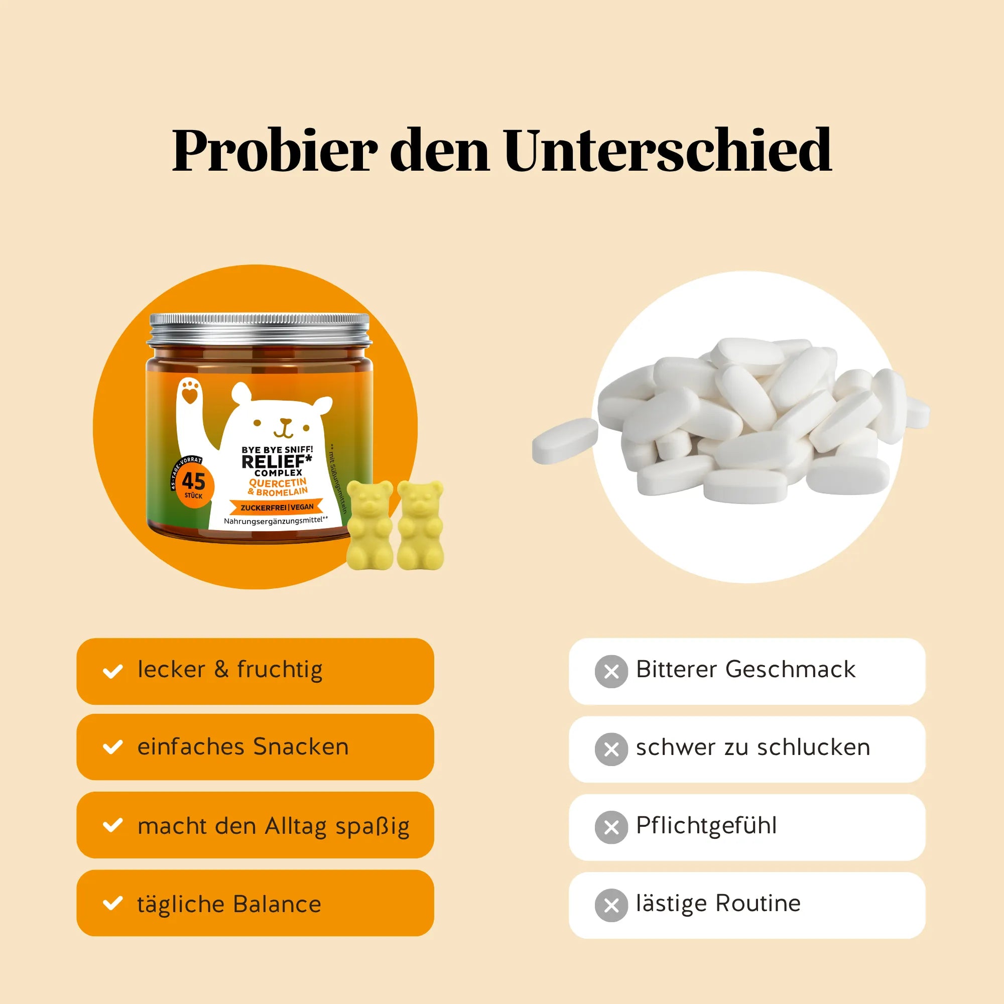 Bears with Benefits Bye Bye Sniff! Relief Complex – Vergleich Quercetin Gummibärchen vs. Tabletten: lecker, fruchtig und einfach einzunehmen, zuckerfreie vegane Alternative zu Quercetin Kapseln zur Immununterstützung
