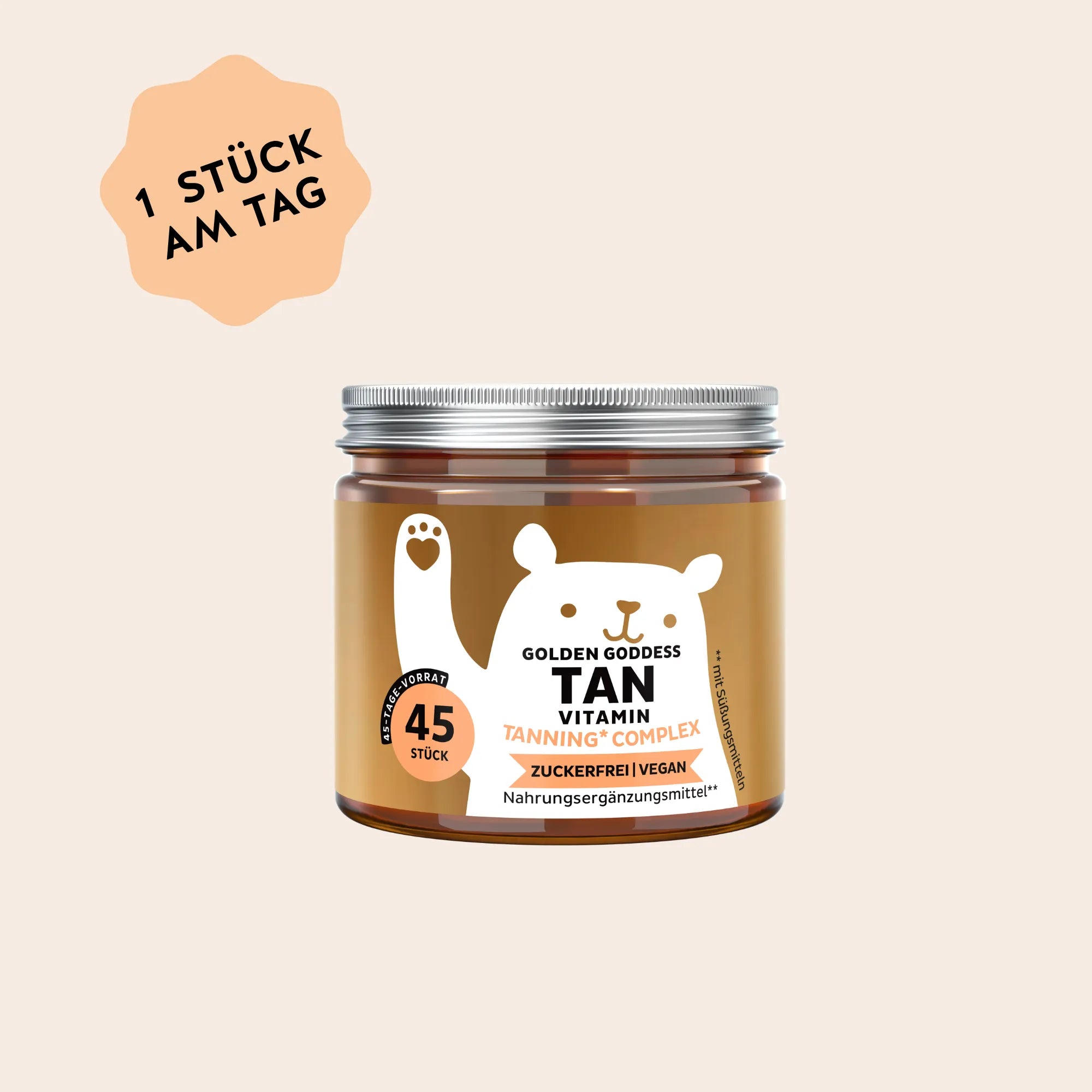 Bears with Benefits Golden Goddess Tan Vitamin – Vegane Beta-Carotin Gummibärchen für sonnengebräunte Haut, Tanning Complex mit Vitamin C, D und Kupfer, 45 Stück, zuckerfrei