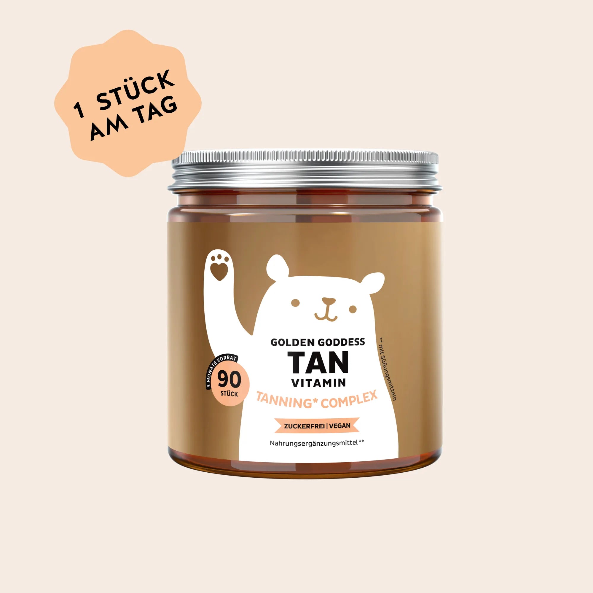 Bears with Benefits Golden Goddess Tan Vitamin – Vegane Beta-Carotin Gummibärchen für sonnengebräunte Haut, neue Formel mit Vitamin C, D, E und Kupfer, 90 Stück, 3 Monate Vorrat, zuckerfrei