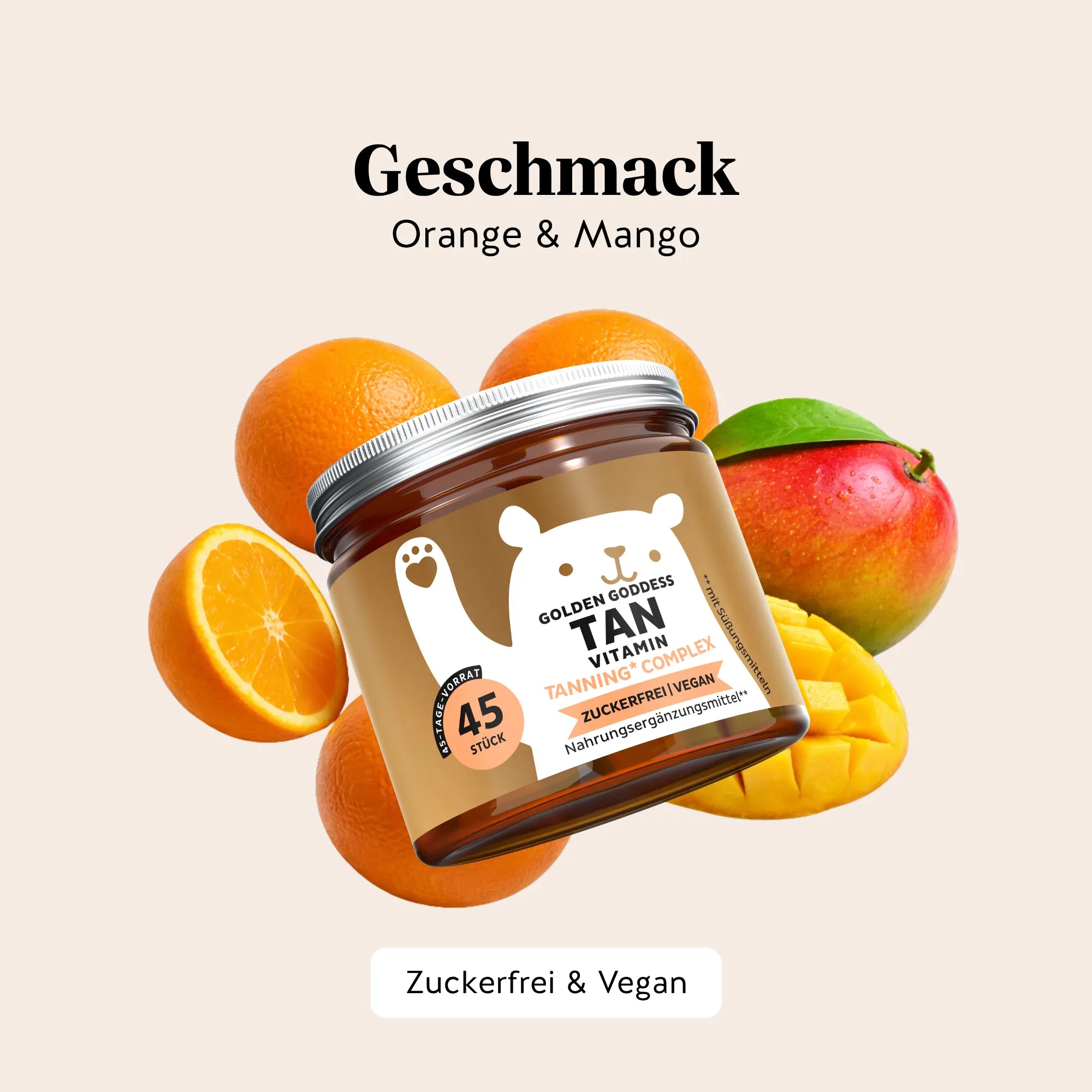 Bears with Benefits Golden Goddess Tan Vitamin – Vegane Beta-Carotin Gummibärchen mit Orange- und Mangogeschmack für sonnengebräunte Haut, natürlicher Fruchtgeschmack, 45 Stück, zuckerfrei