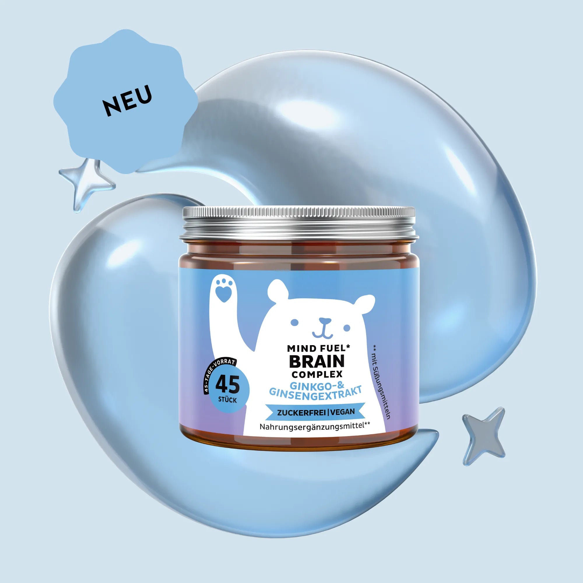 Bears with Benefits Mind Fuel* Brain Complex – Vegane Vitamin-Gummibärchen mit Ginkgo- & Ginsengextrakt für Fokus & Gedächtnis, Ginsengextrakt 25 mg und Ginkgoextrakt 10 mg pro Bärchen, 45 Stück, neue Formel, zuckerfrei, vegan